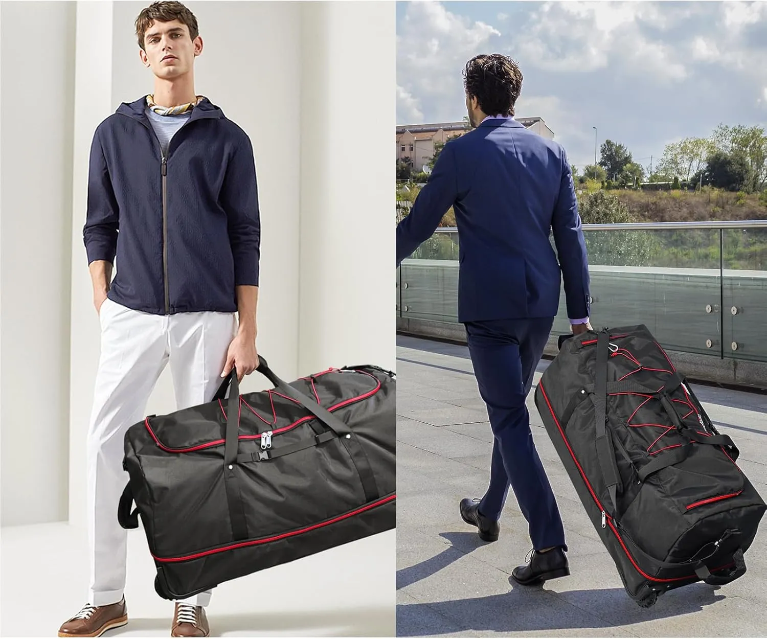 110L/140L Expandable Soft-Sided Foldable Duffle Bag with 2 Rubber Wheels,Packable 32 Rolling Carry-On with Multi-Pockets & Compartments,Black Red