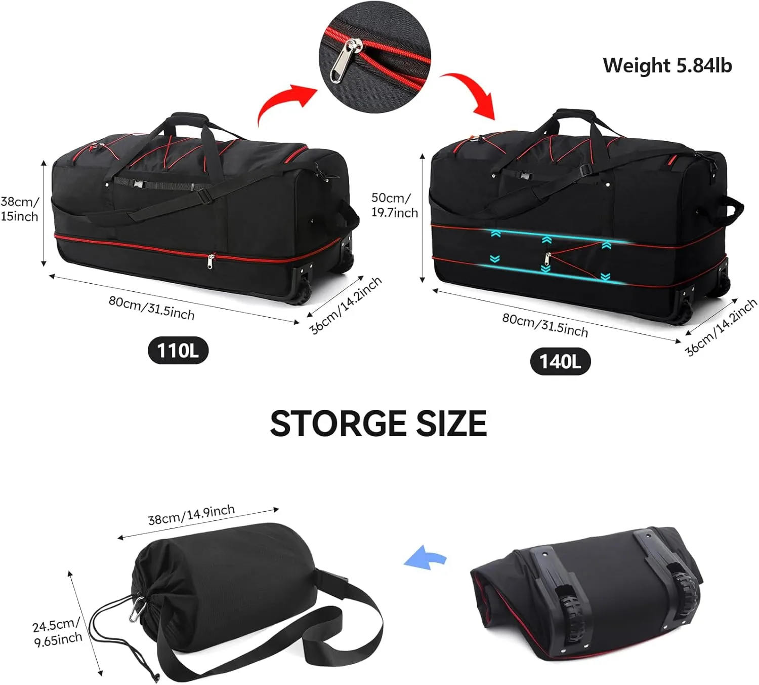 110L/140L Expandable Soft-Sided Foldable Duffle Bag with 2 Rubber Wheels,Packable 32 Rolling Carry-On with Multi-Pockets & Compartments,Black Red