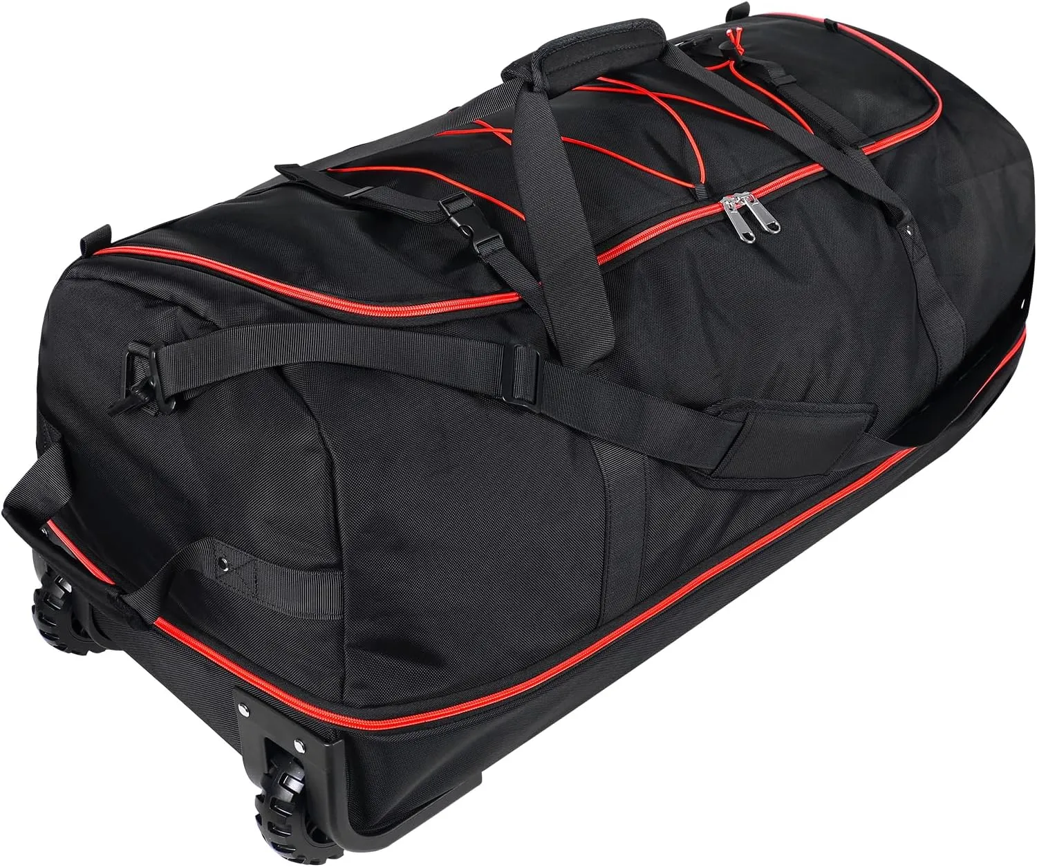 110L/140L Expandable Soft-Sided Foldable Duffle Bag with 2 Rubber Wheels,Packable 32 Rolling Carry-On with Multi-Pockets & Compartments,Black Red