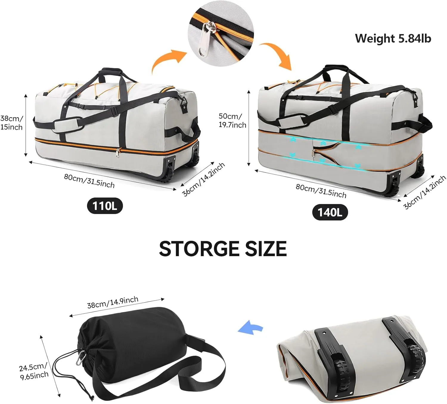 110L/140L Expandable Soft-Sided Foldable Duffle Bag with 2 Rubber Wheels,Packable 32 Rolling Carry-On with Multi-Pockets & Compartments,Grey