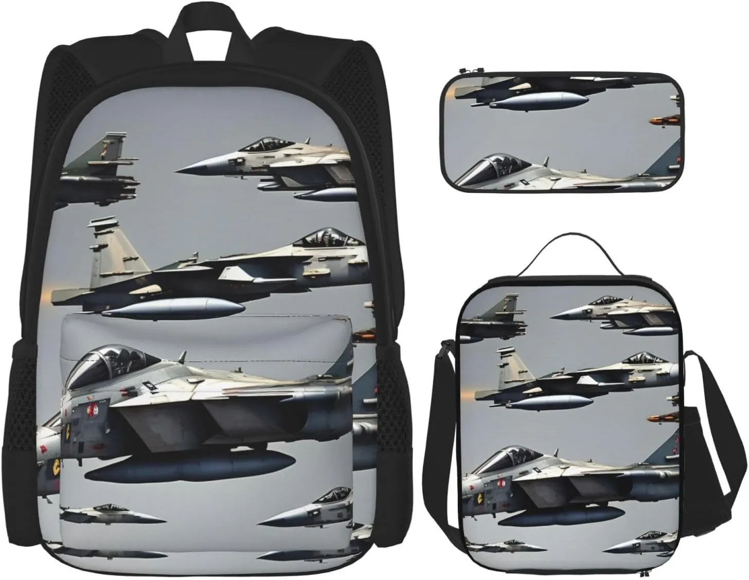 Aircraft Fighter Jets Print Pencil Case Lightweight Casual Fashion Backpack Lunch Bag Large Capacity Travel Bag