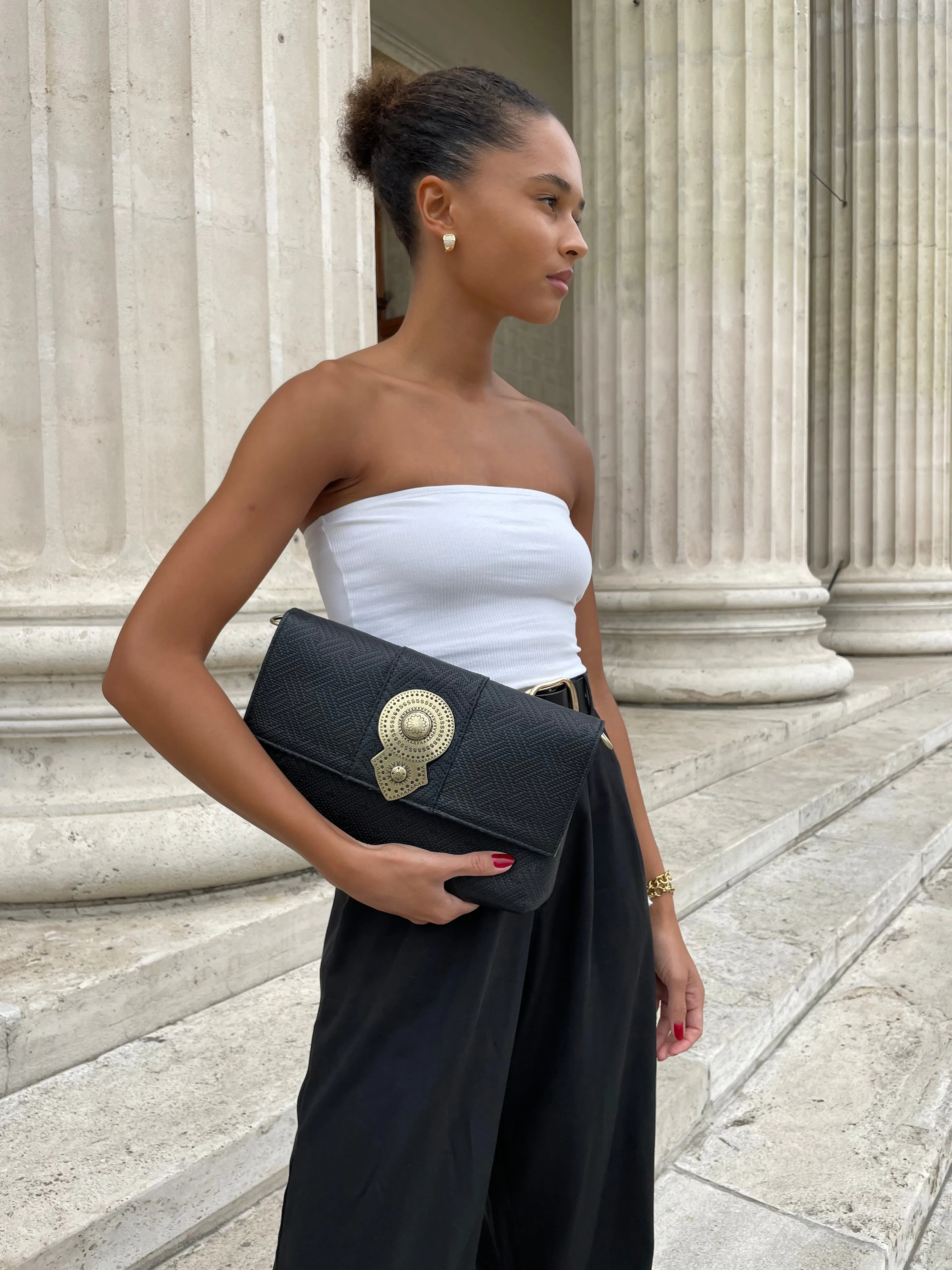 Aurora Leather Shoulder Bag - Black Textured Leather