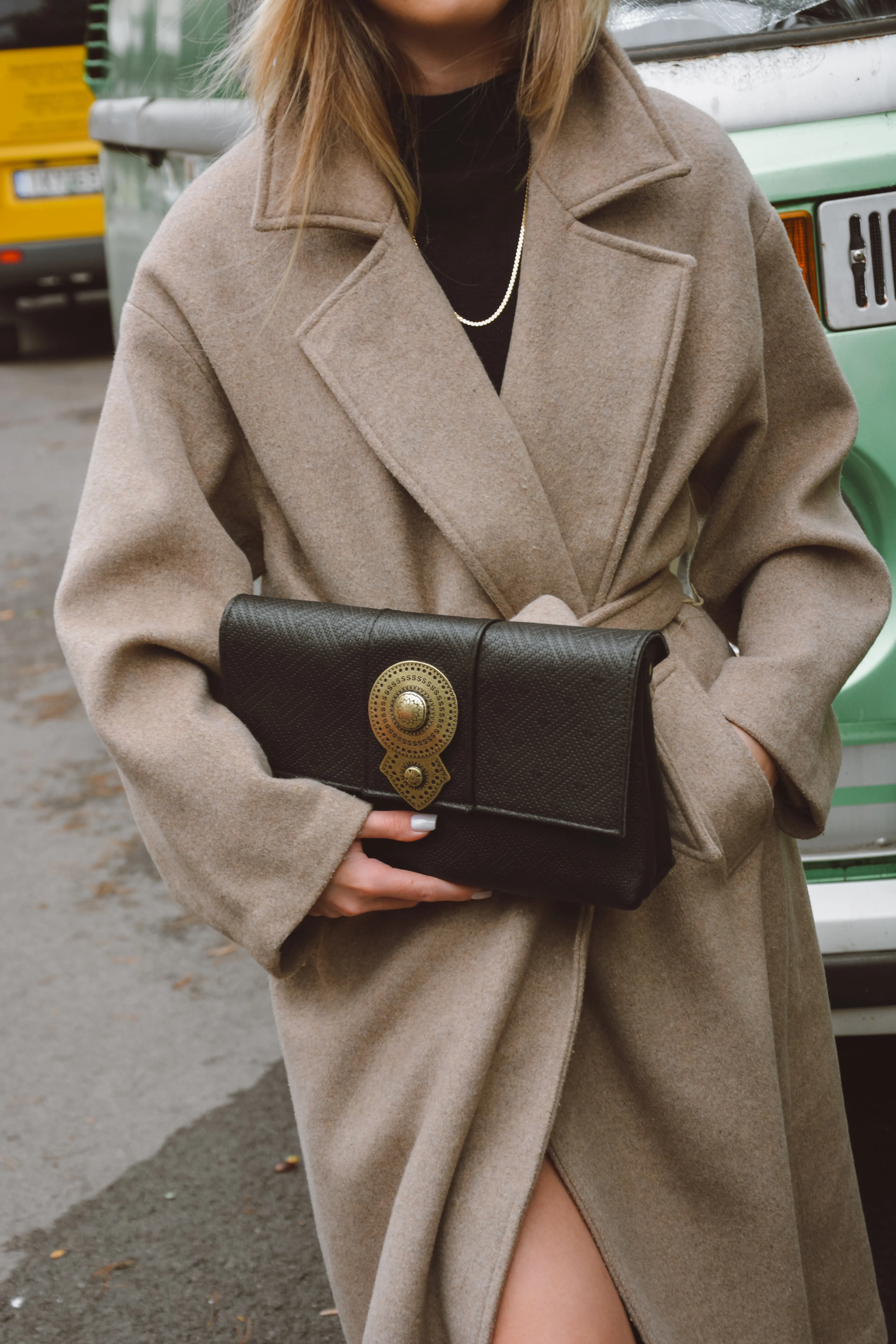 Aurora Leather Shoulder Bag - Black Textured Leather