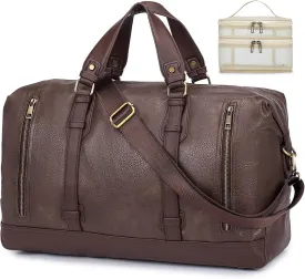 BAGZY PU Leather Travel Duffel Bag with Toiletry Dopp Kit Large Capacity Weekender Bag 25L Carry on Overnight Bag Sports Duffel Bag for Men or Women Brown