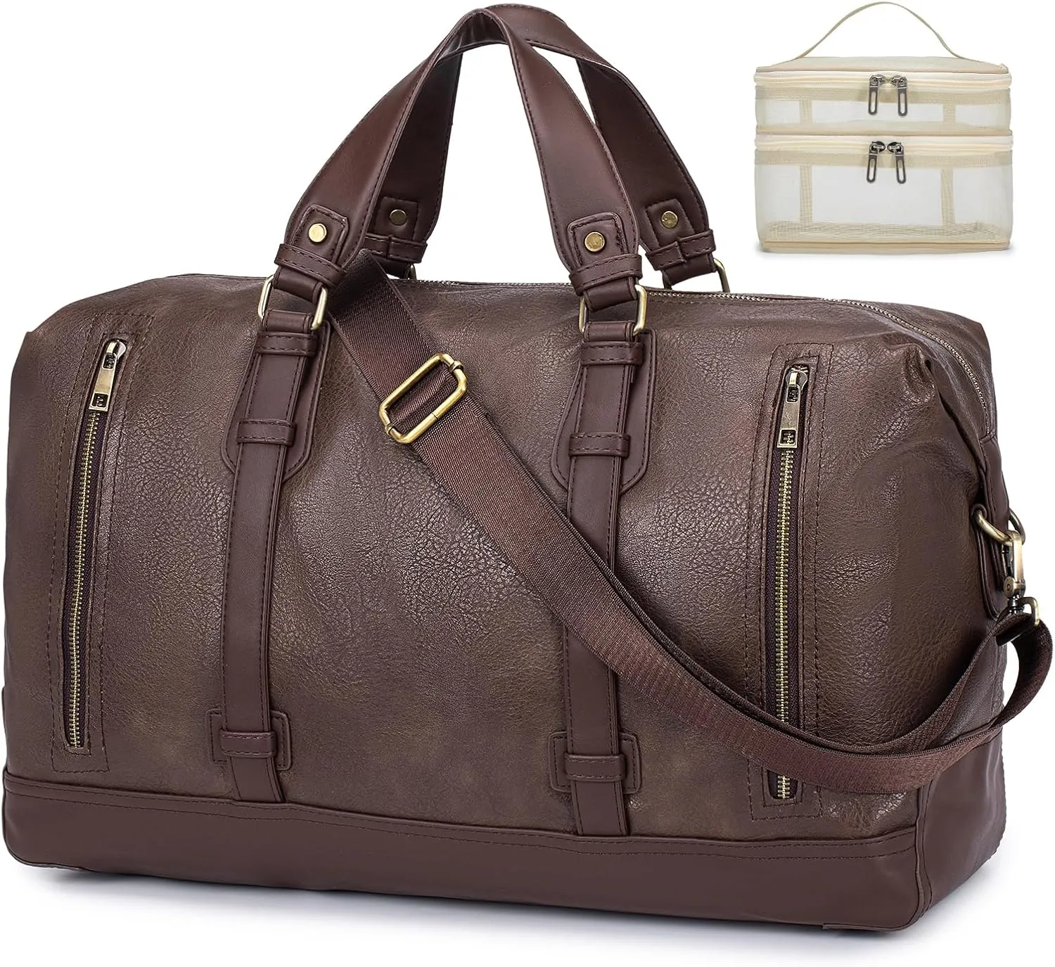 BAGZY PU Leather Travel Duffel Bag with Toiletry Dopp Kit Large Capacity Weekender Bag 25L Carry on Overnight Bag Sports Duffel Bag for Men or Women Brown