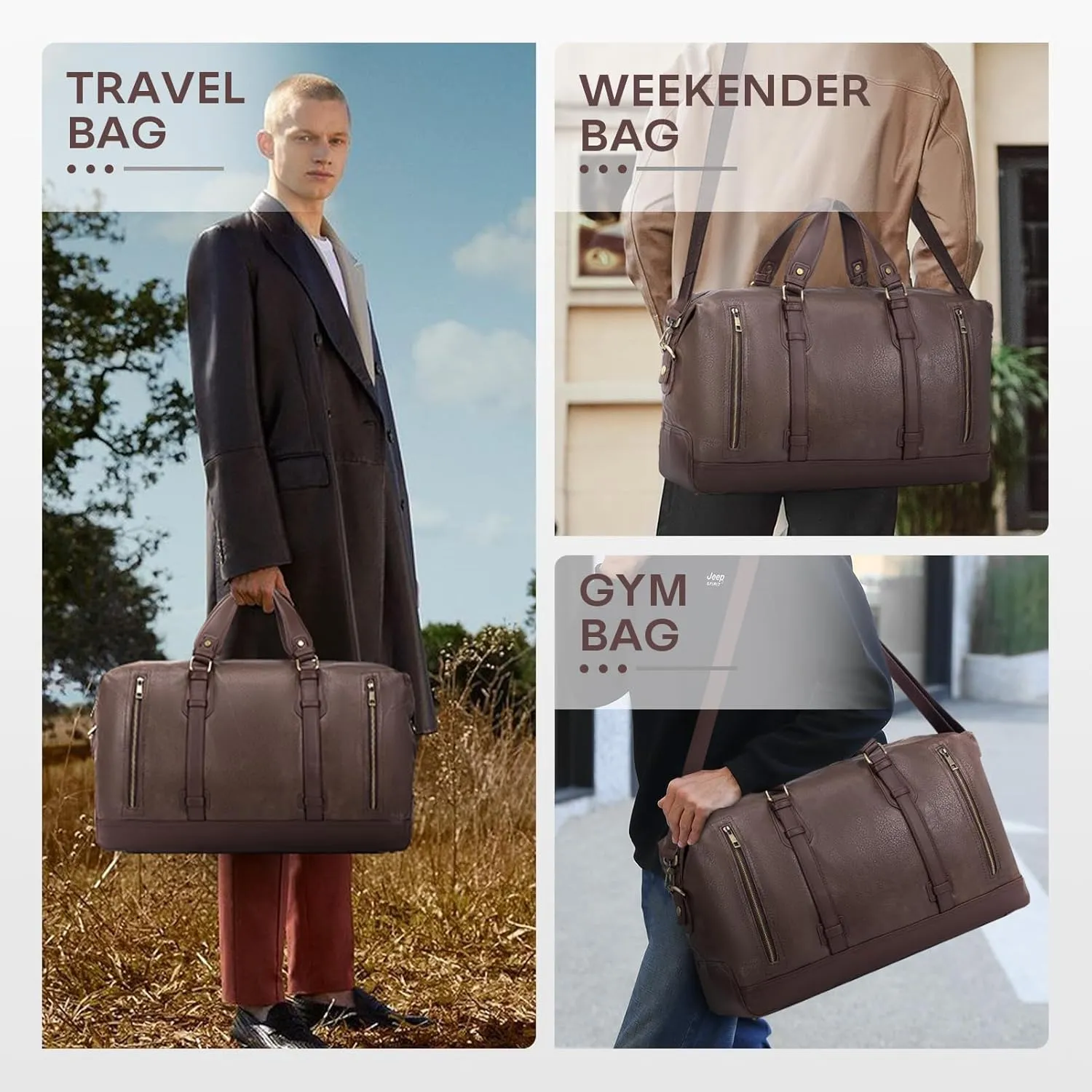 BAGZY PU Leather Travel Duffel Bag with Toiletry Dopp Kit Large Capacity Weekender Bag 25L Carry on Overnight Bag Sports Duffel Bag for Men or Women Brown