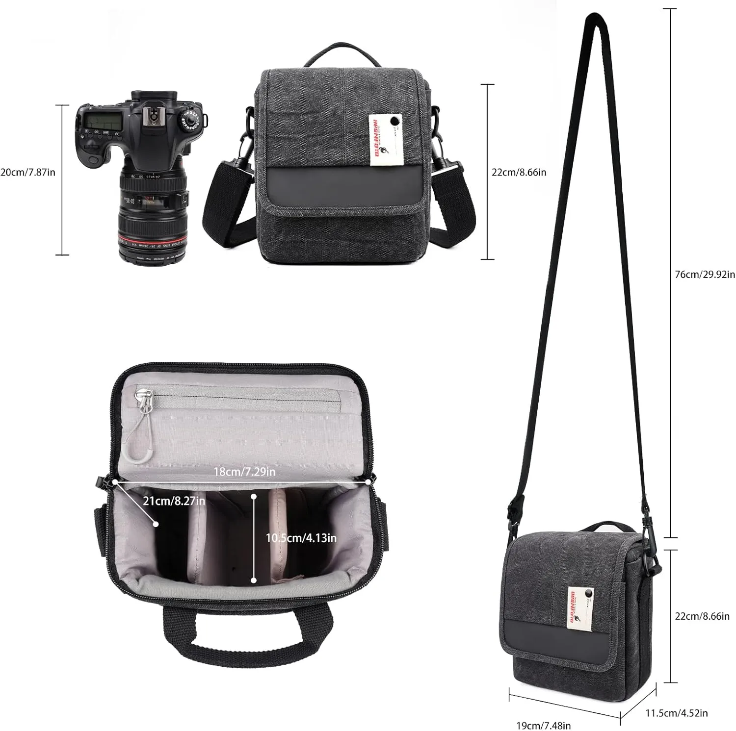 Besnfoto Mirrorless Camera Shoulder Bag Small Messenger Case Waist Bag Compatible for Canon (BlackH, Small)