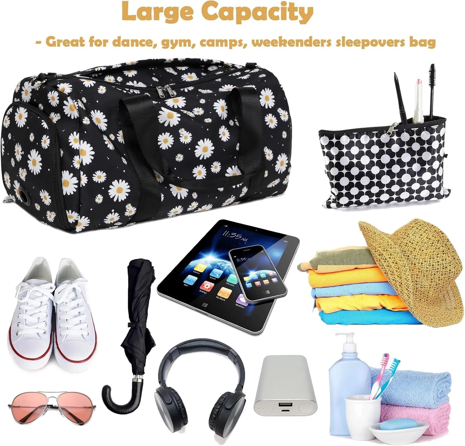 Black Duffle Bag with Shoe & Wet/Dry Compartments, Girls Women Dance Bag for Ballet Gym Sports Overnight Sleepover Weekender Carry On with Trolley Sleeve for Travel