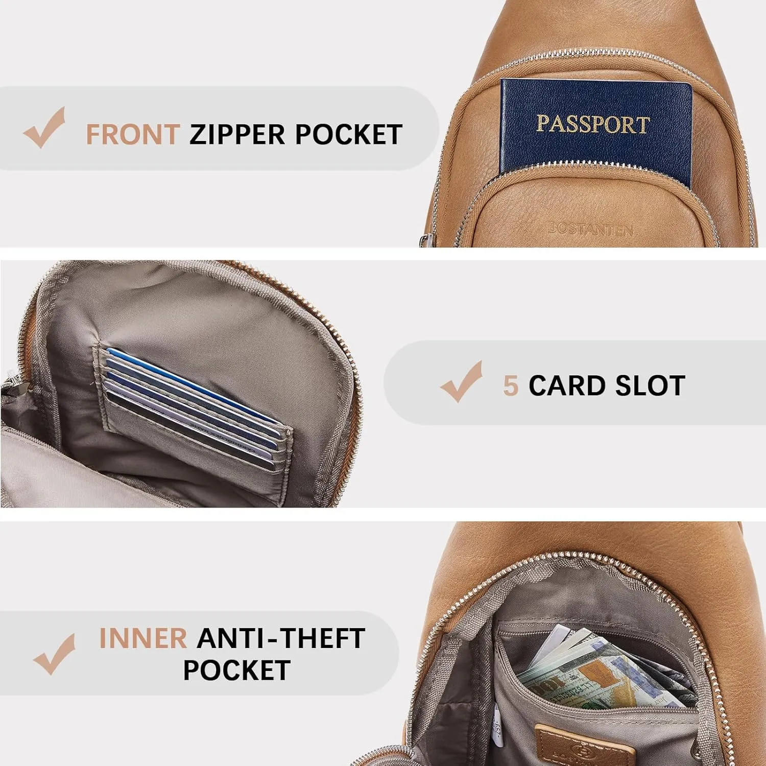 BOSTANTEN Sling Bag for Women Crossbody Purse Crossbody Bag Leather Chest Bag with Adjustable Guitar Strap for Travel