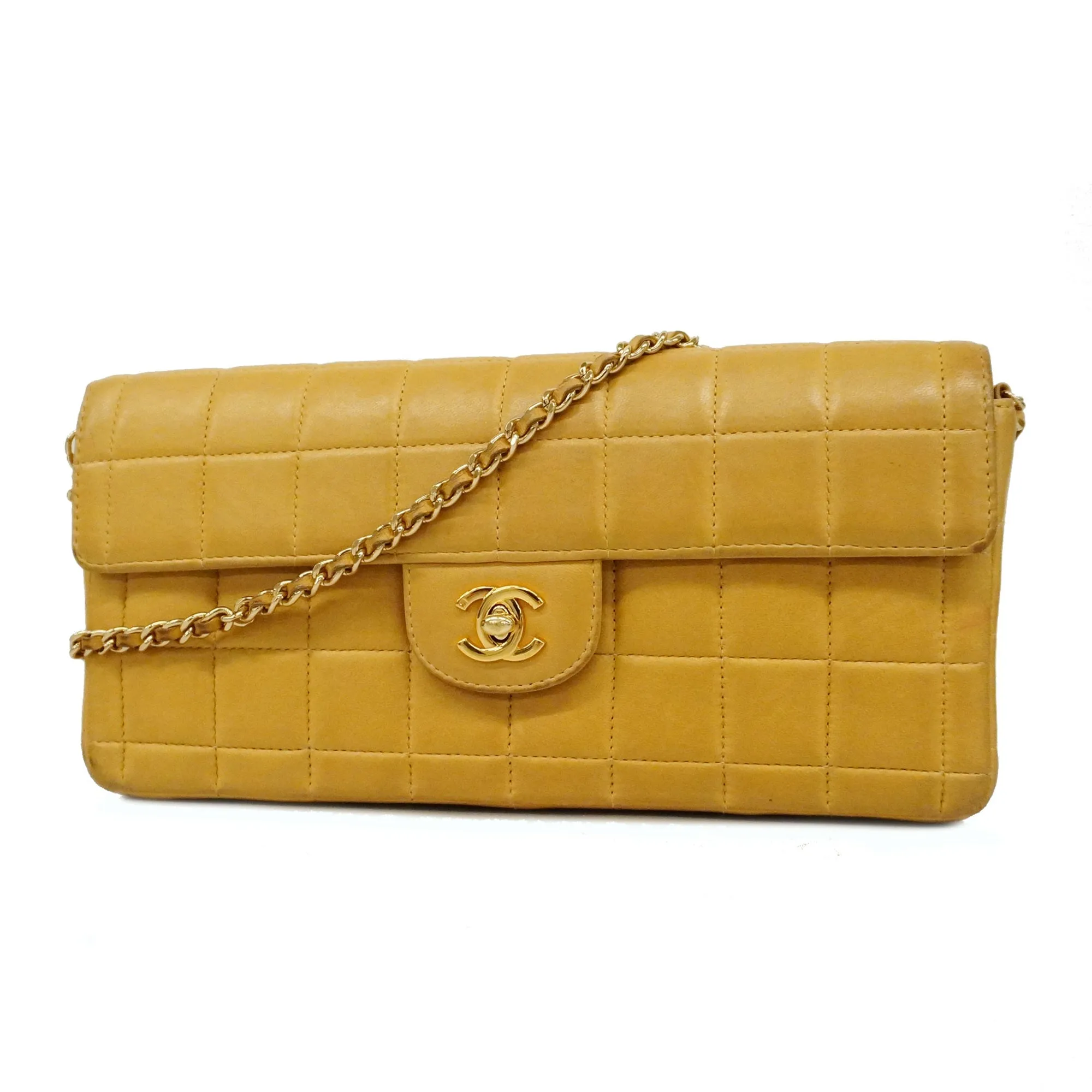 CHANELAuth  Chocolate Bar Chain Shoulder Women's Leather Shoulder Bag Beige