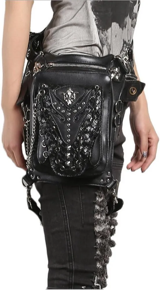 Chikencall Gothic Steampunk Waist Bag Drop Leg Arm Bag Pack Waist Shoulder Fanny Packs Purse Pouch Bag black