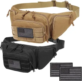 Concealed Pistol Fanny Pack Tactical Waist Bag Carry Gun Holster Fits Handgun, 1911 and More with U.S Patch (2 Pack Black Tan)