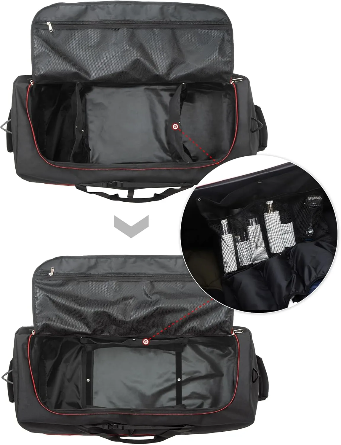 CONTAIL 32 Soft-side 110L Expandable 140L Rolling Duffle Bag with 2 Inline Wheels,Convertible Weekend Travel Bag with Bungee-Cord System,Black-red