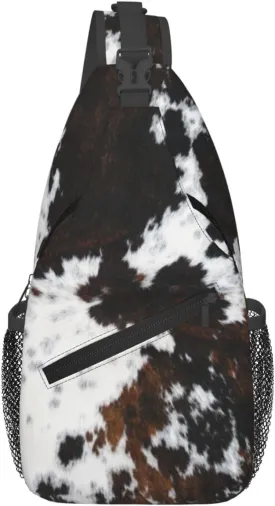Cow Print Sling Bag Crossbody Backpack,Abstract Cowhide Fur White Black Brown Print Farmhouse Chest Bag Casual Shoulder Backpack Cute Animal Skin Print Travel Hiking Daypack for Men Women