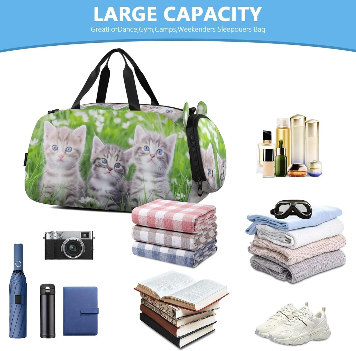 Cute Kittens Blue Eyes Tall Grass Duffle Bags for Traveling Tote Weekender Overnight Kids Dance Duffle Boys Carry on Duffel