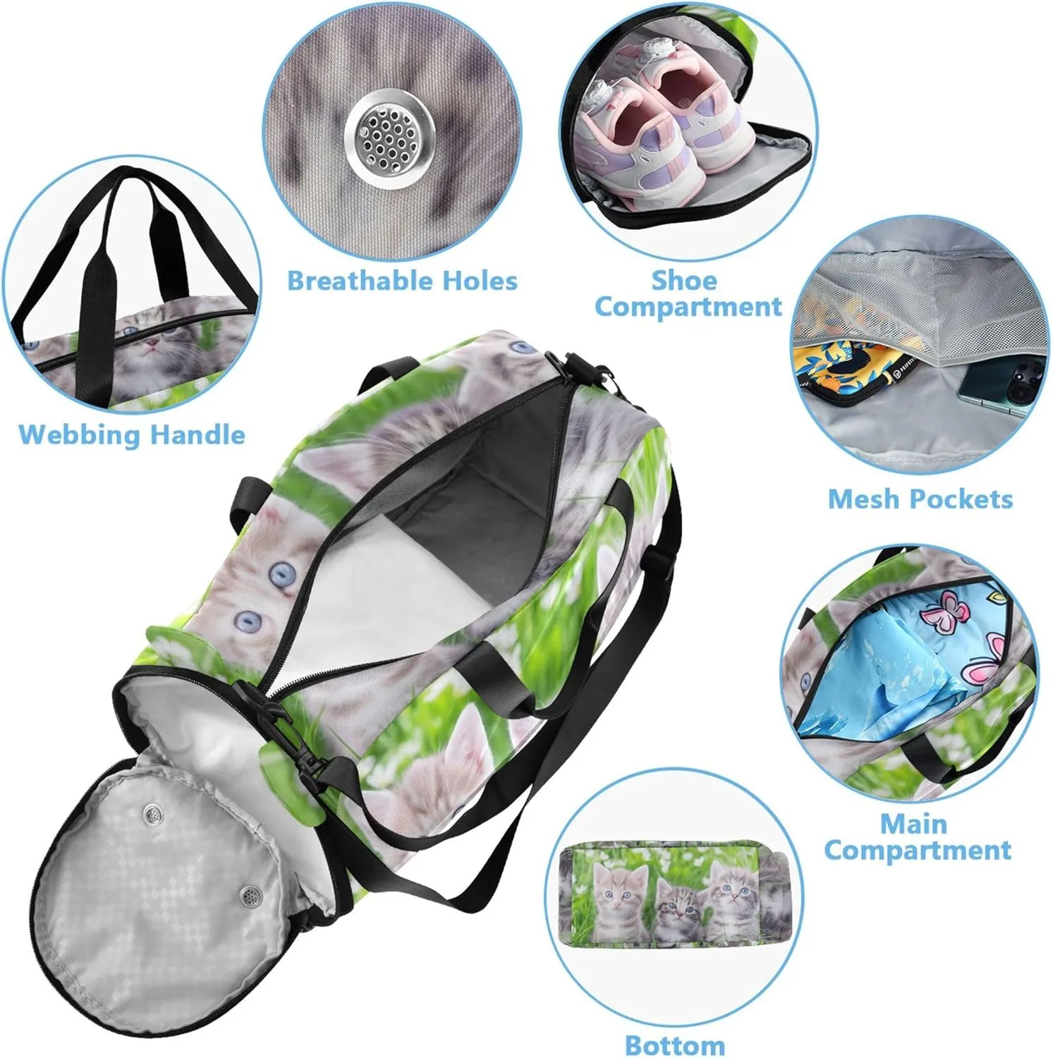 Cute Kittens Blue Eyes Tall Grass Duffle Bags for Traveling Tote Weekender Overnight Kids Dance Duffle Boys Carry on Duffel
