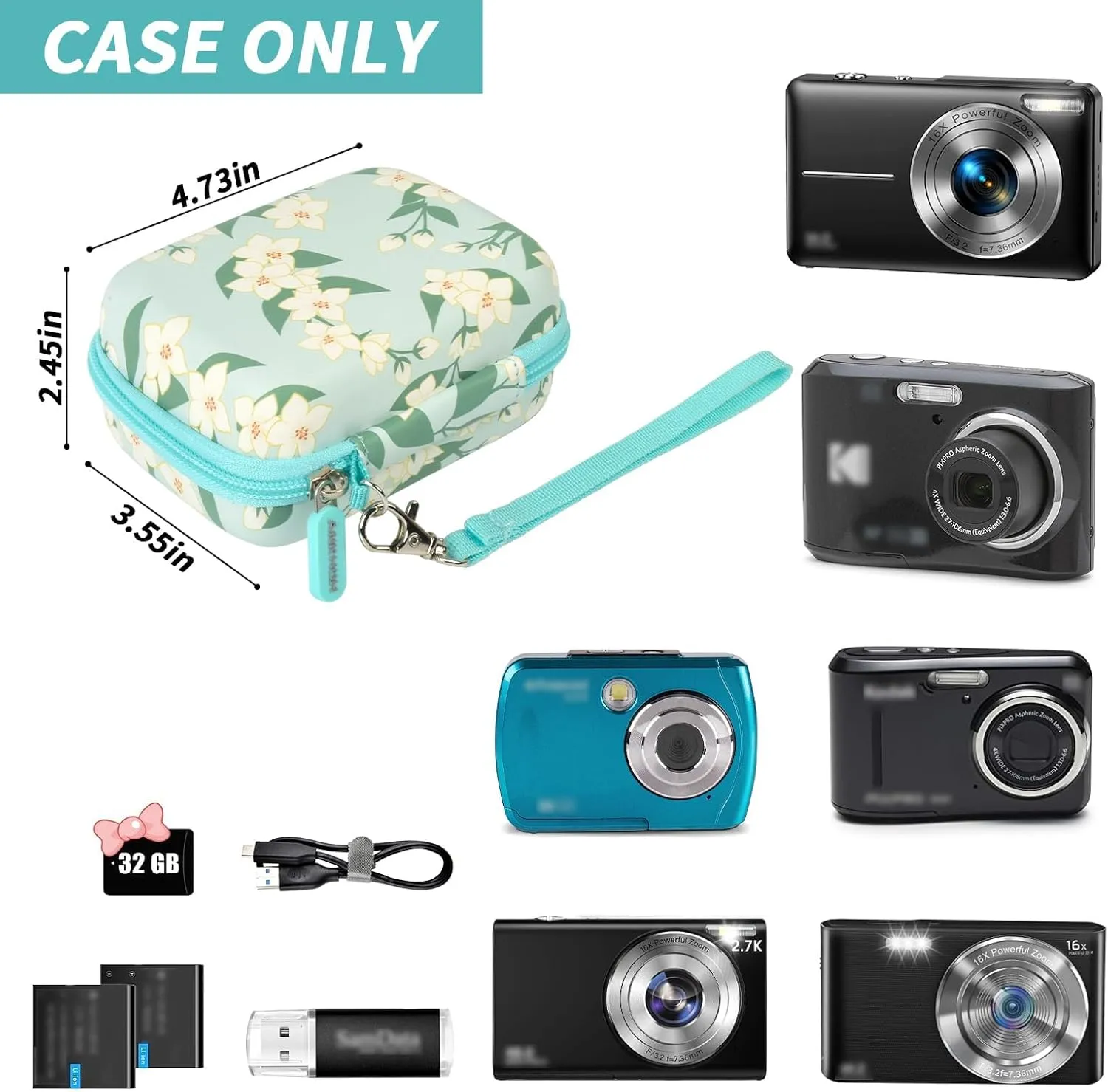 Digital Camera Case for CAMKORY for Kodak Pixpro for VAHOIALD FHD 1080P for QUOLODOO for Fleafer for Polaroid for Canon Small Cameras Holder Bag(Box Only) Green