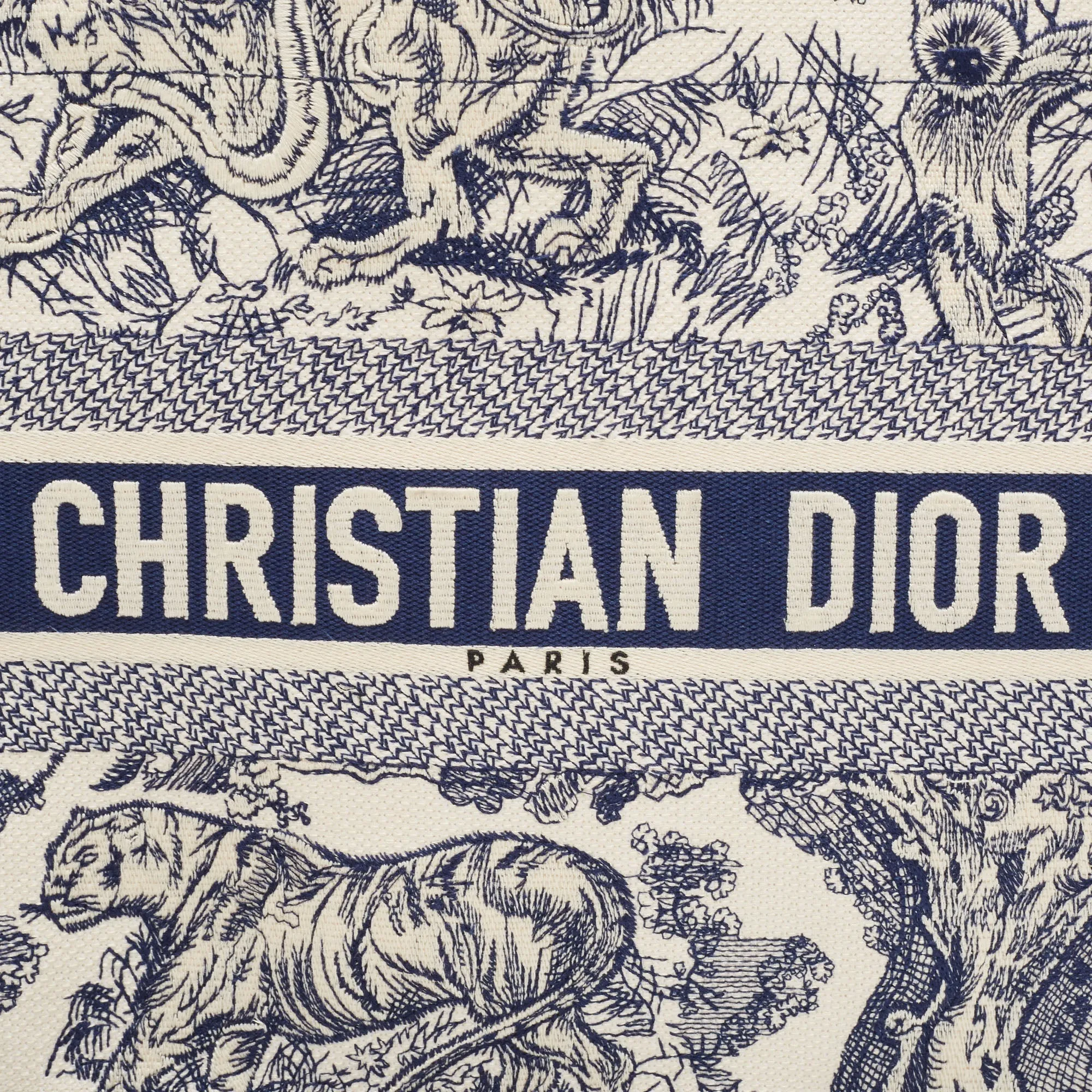 DIOR Navy Blue/White Toile De Jouy Embroidery Canvas Medium Book Tote