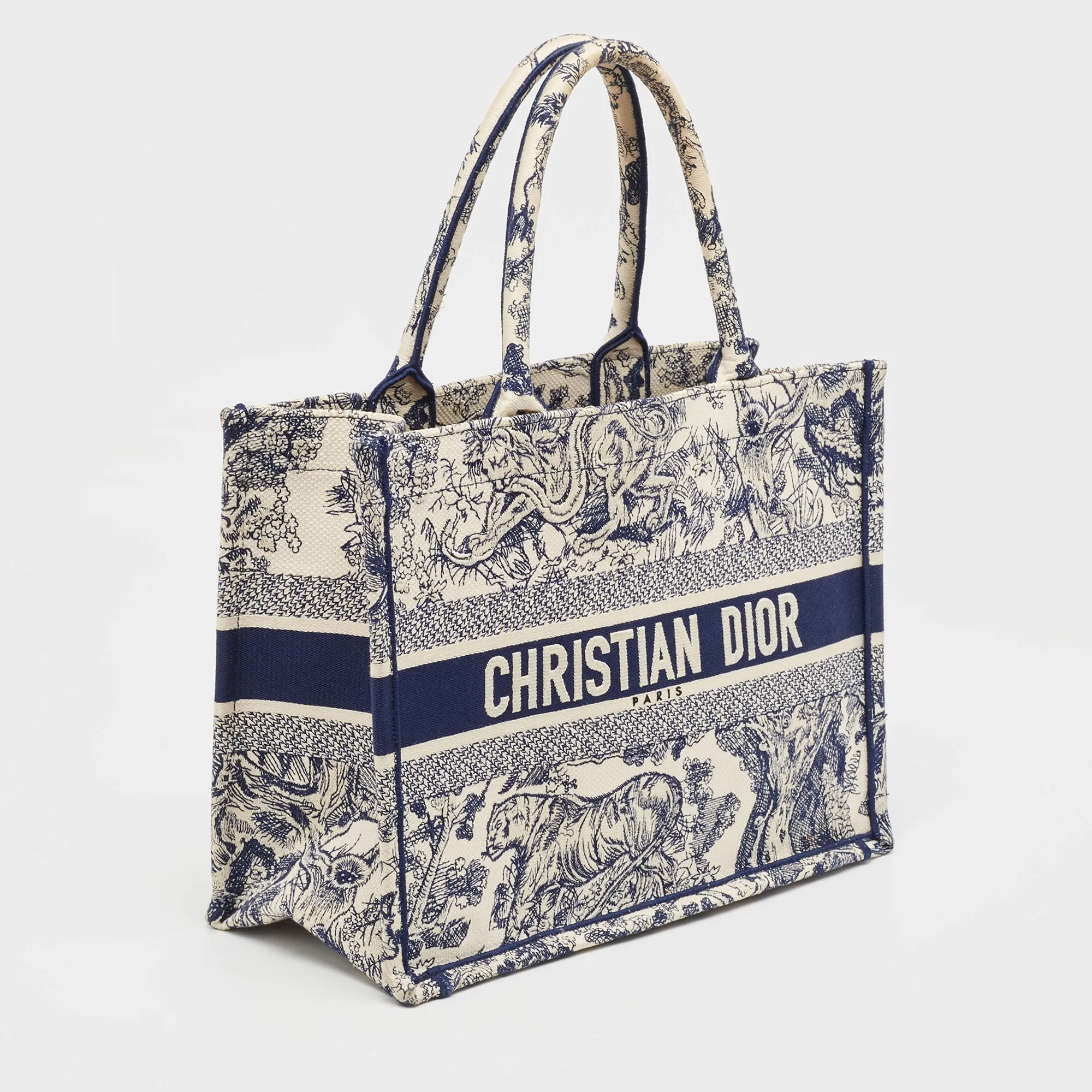DIOR Navy Blue/White Toile De Jouy Embroidery Canvas Medium Book Tote