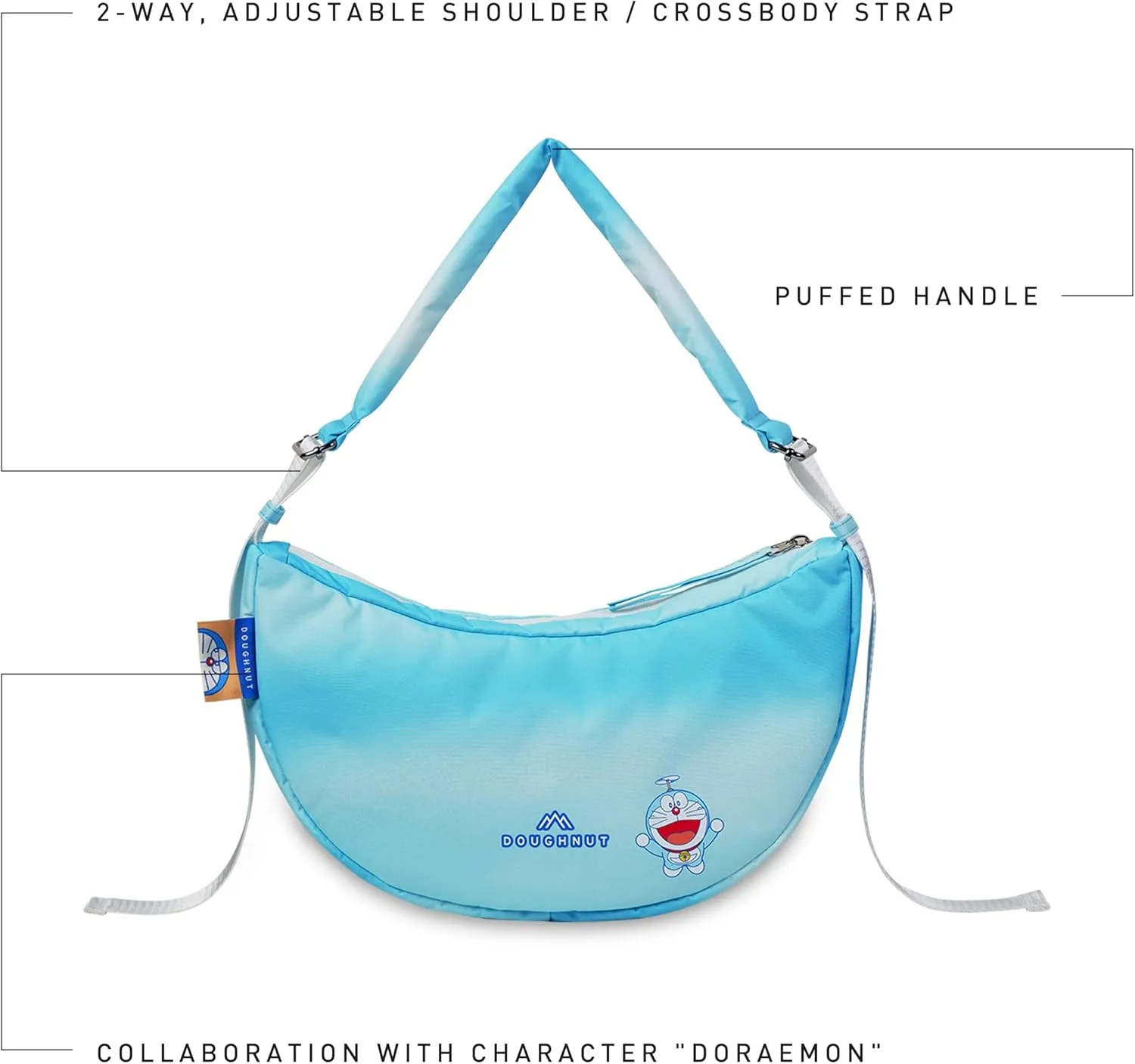 Doughnut Macaroon x Doraemon Series Travel Backpack, Shoulder Bag & Crossbody Bag - 7L, 16L, 20L - Lightweight College & Commute Backpack for Women (Sky Blue, 7L)