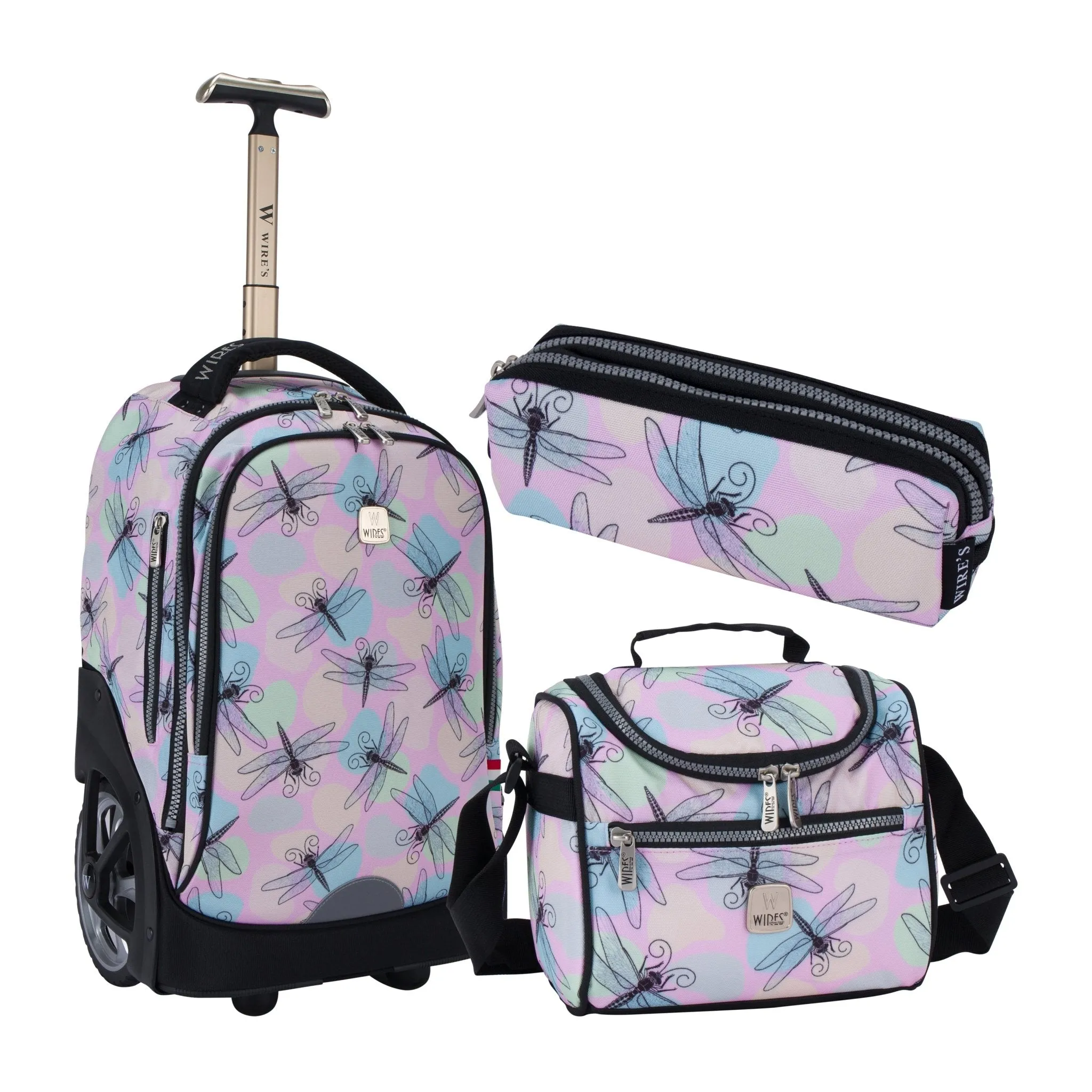 Dragon fly Big Wheel School Bag Trolley Set of 3 (Lunch Bag & Pencil Case)