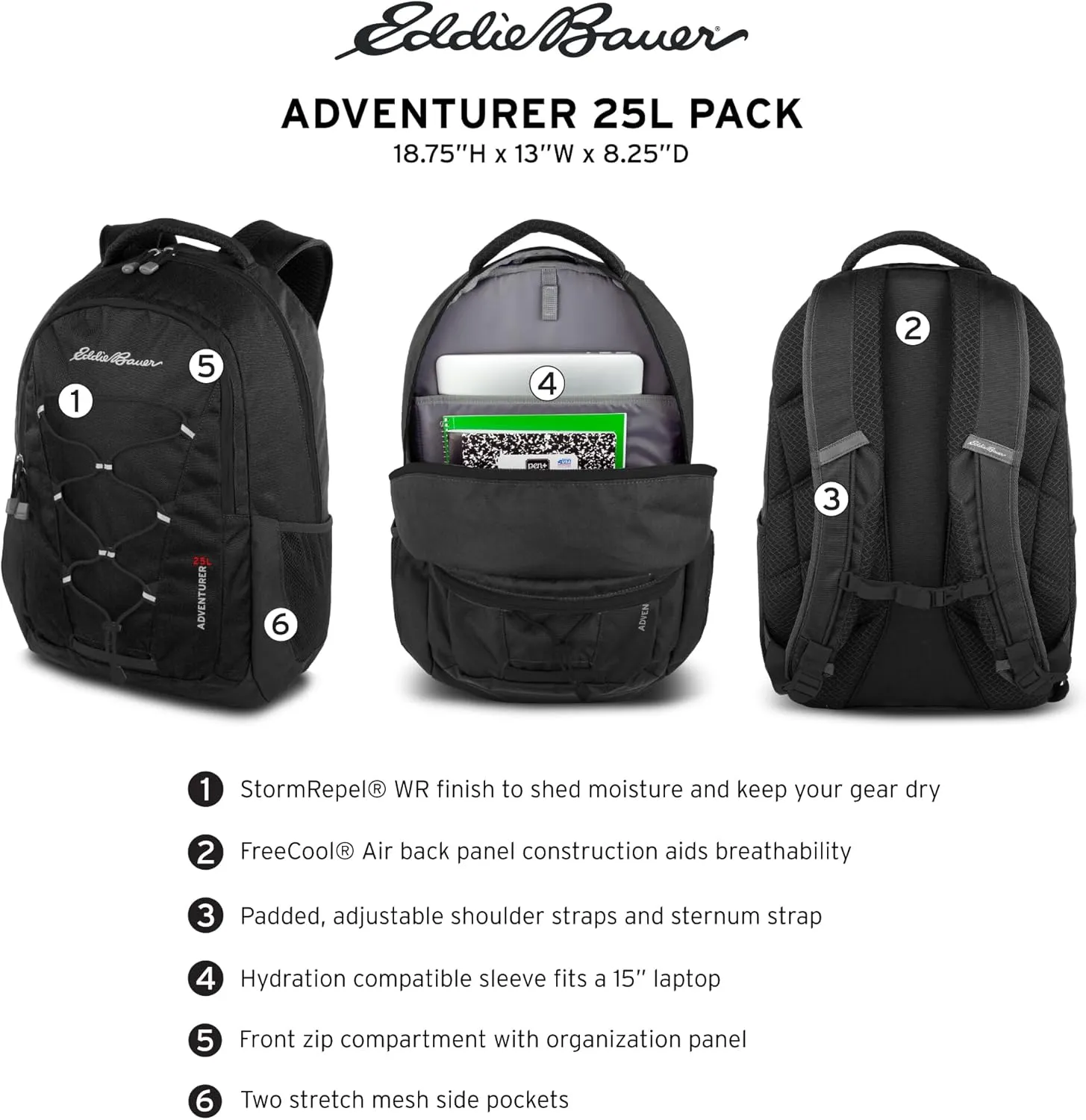 Eddie Bauer Backpack with Organization Compartments and Hydration/Laptop Compatible Sleeve, Adventurer-Black, 25L