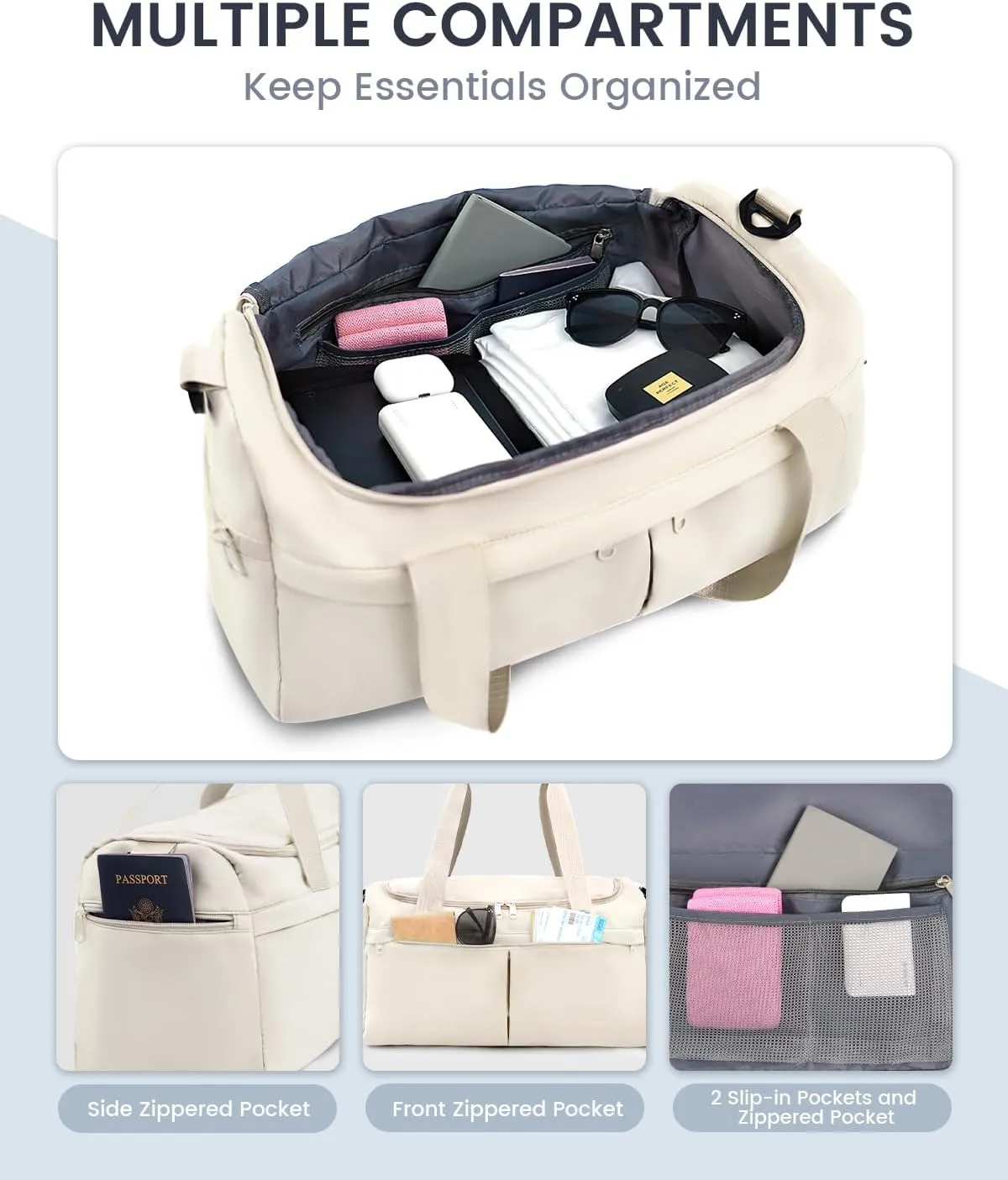 For Spirit Airlines Personal Item Bag 18X14X8 Carry On Travel Duffle Bags for Airplanes Women Men with Wet Pocket Weekender with Shoe and Toiletry Bags, Beige