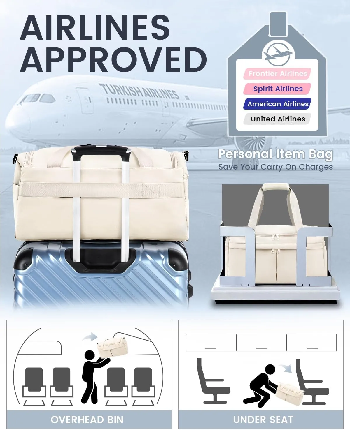 For Spirit Airlines Personal Item Bag 18X14X8 Carry On Travel Duffle Bags for Airplanes Women Men with Wet Pocket Weekender with Shoe and Toiletry Bags, Beige