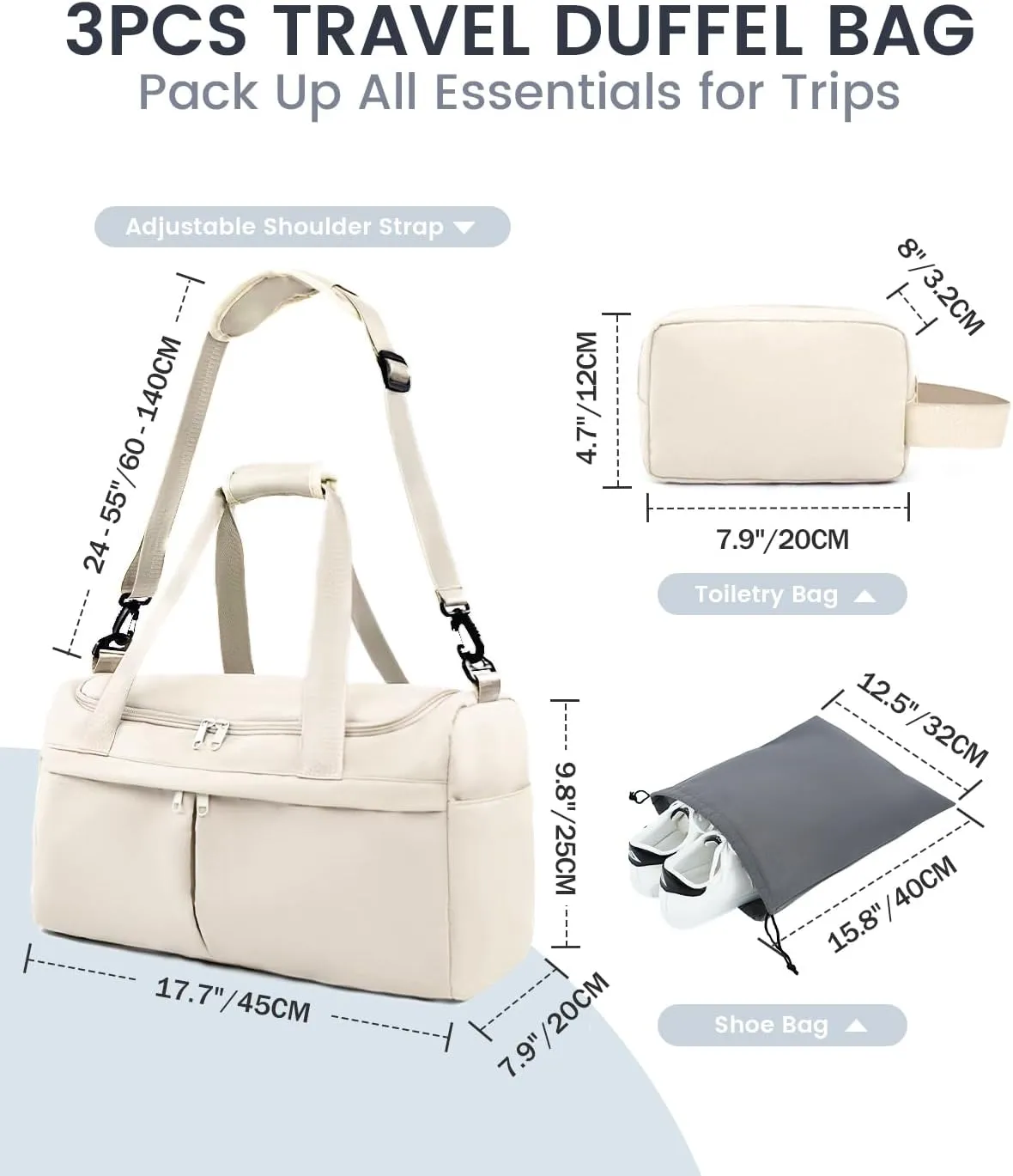 For Spirit Airlines Personal Item Bag 18X14X8 Carry On Travel Duffle Bags for Airplanes Women Men with Wet Pocket Weekender with Shoe and Toiletry Bags, Beige