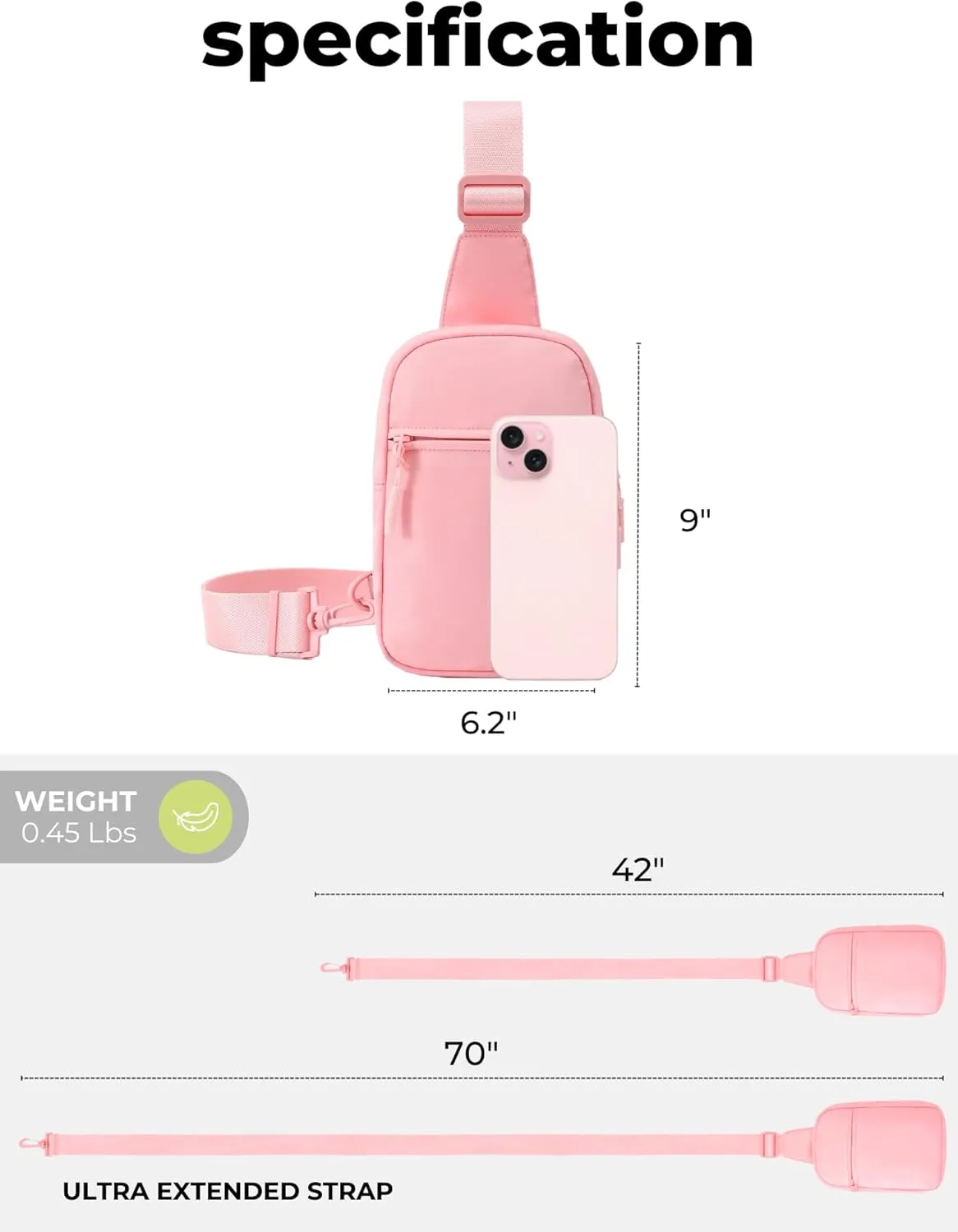 FORZAROCKET Ultralight Sling Bag w/Long Strap 70"  Small Crossbody Bag w/Extended Strap  Women Men Fanny Pack w/Anti-Theft Pocket  Two-Way Durable Zipper  Travel & Plus Size Friendly, Pink