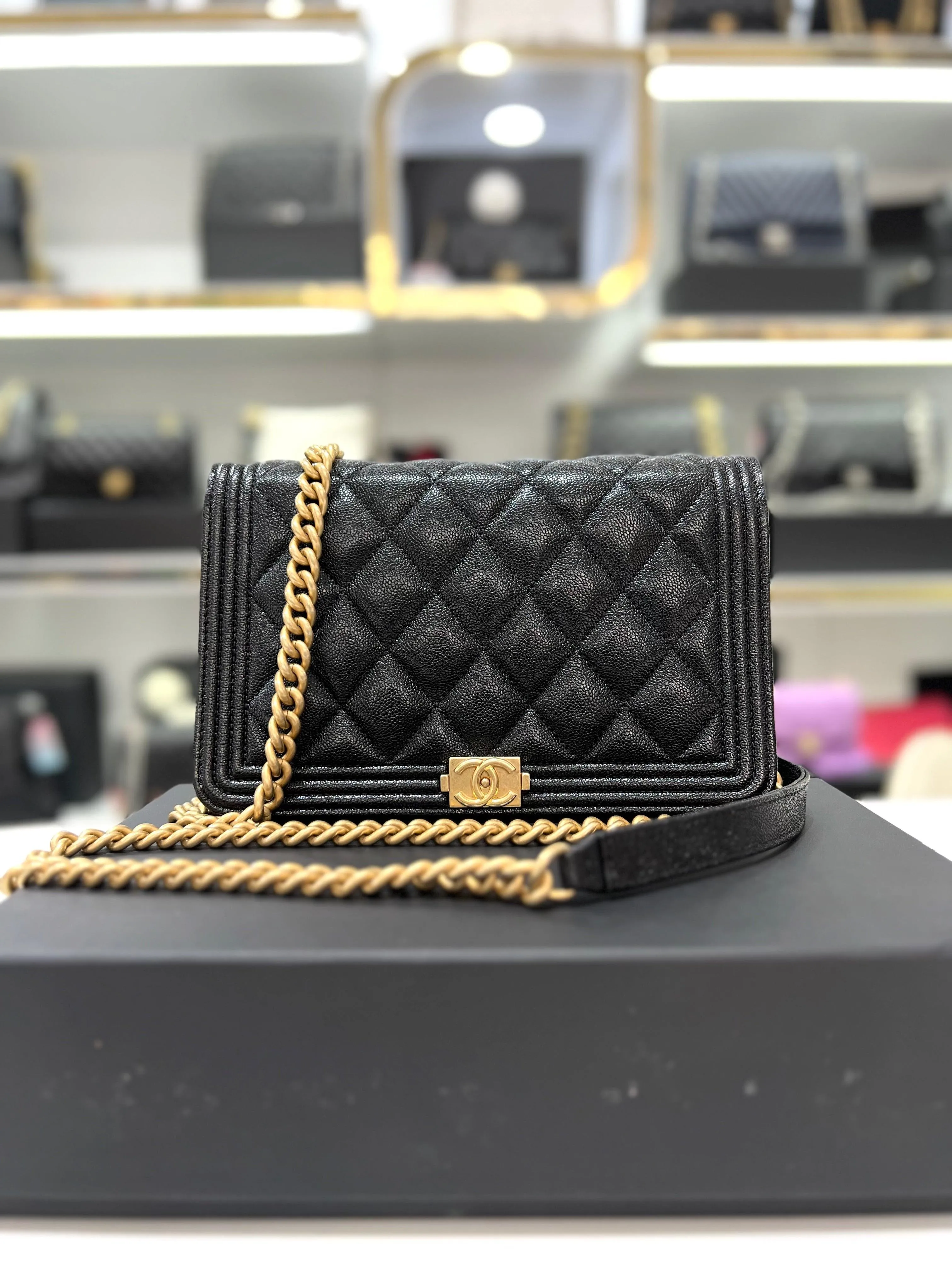 Full Set Microchip CHANEL Boy Women Wallet On Chain Grained Caviar & Gold-Tone Metal