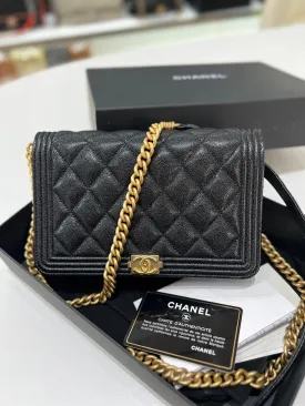 Full Set Microchip CHANEL Boy Women Wallet On Chain Grained Caviar & Gold-Tone Metal