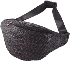 IAMUHI Straw Woven Fanny Pack Cross Chest Shoulder Handbag Purse Handwoven Beach Bag,Black