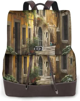 Italian Old Street Print Women's PU Leather Backpack, Fashion, Work, Journey Daily Use - Chestnut Brown