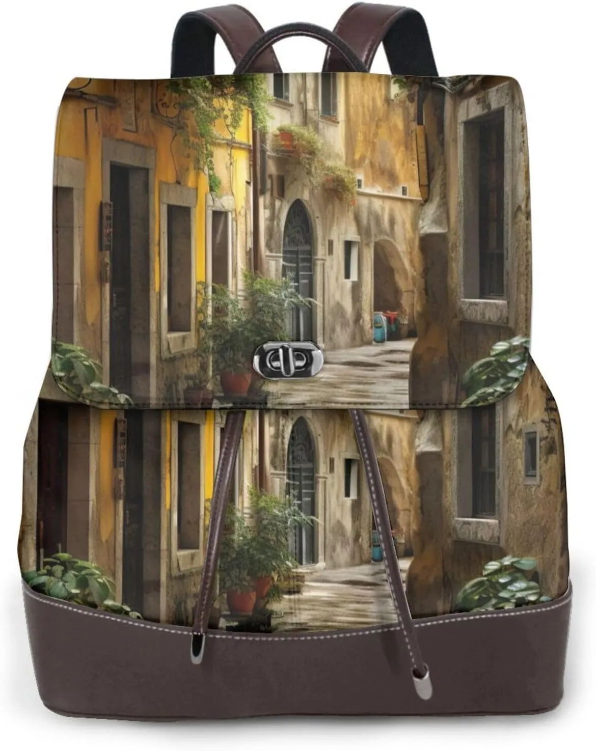 Italian Old Street Print Women's PU Leather Backpack, Fashion, Work, Journey Daily Use - Chestnut Brown