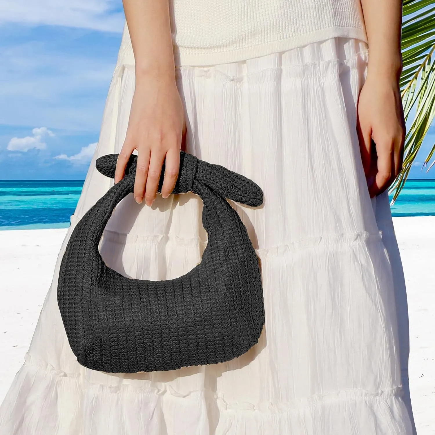 Knotted Straw Clutch Purse Bow Summer Beach Bag Dumpling Evening Handbag