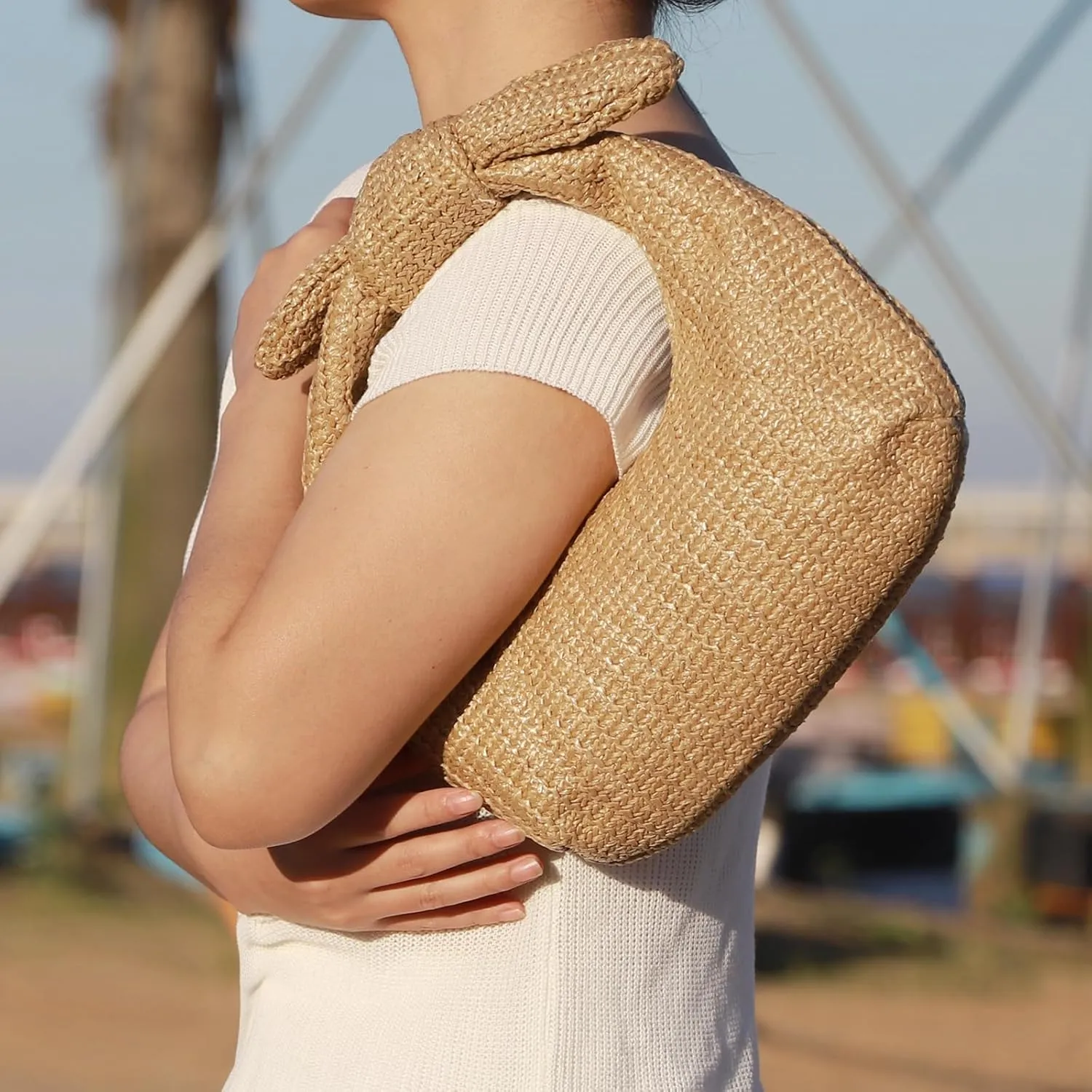 Knotted Straw Clutch Purse Bow Summer Beach Bag Dumpling Evening Handbag