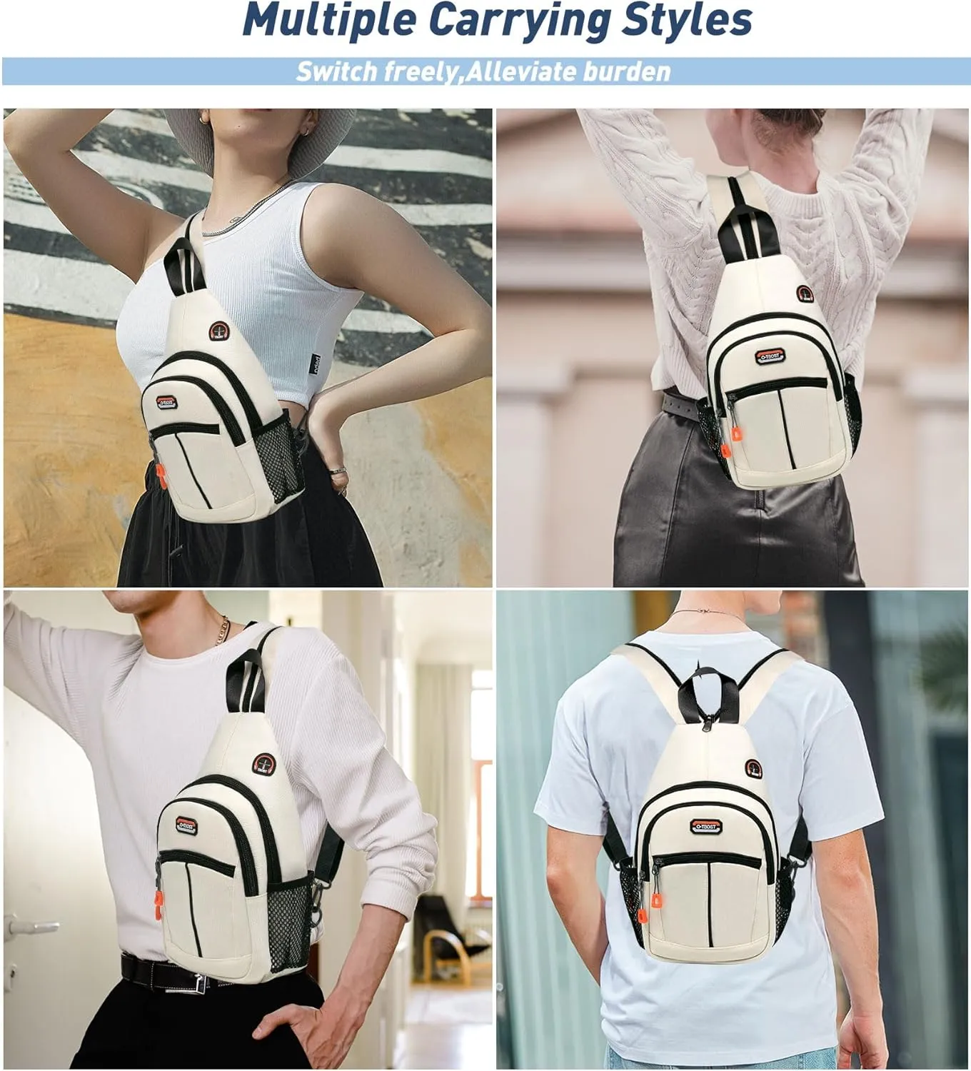 Long Keeper Sling Bag Backpack - Women Crossbody Shoulder Backpack Men Travel Hiking Sport Backpack Cross Body Casual Daypack (White)