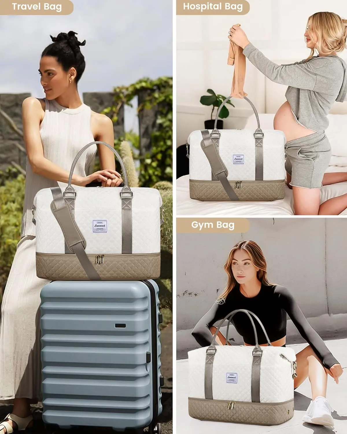 LOVEVOOK Travel Weekender Bag for Women, Carry on Overnight Bag with Shoe Compartment, Travel Duffle Bag Women, Yoga Gym Duffel Bag with Wet Pocket, Hospital Bags for Labor and Delivery, 3 Pcs Set