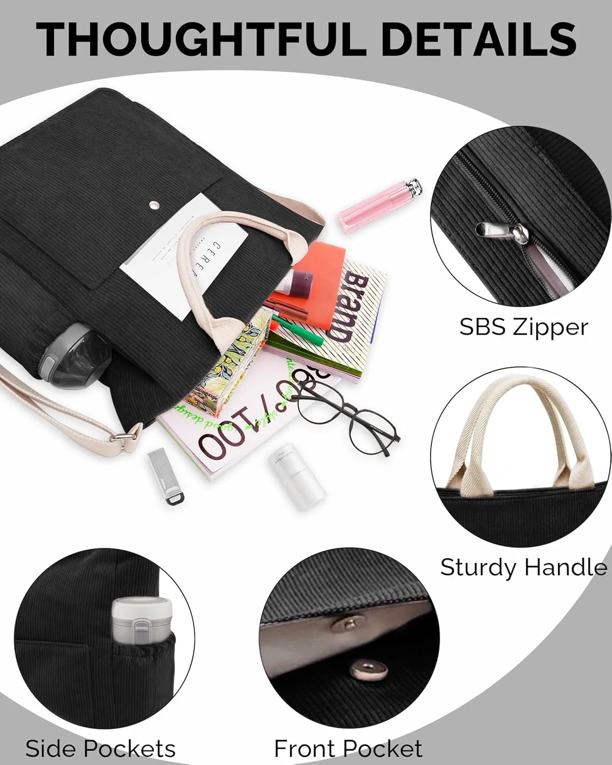 Prite Corduroy Tote Bag for Women Large Crossbody Hobo Shoulder Bag with Pockets Tote Handbag for Work,College,Shopping