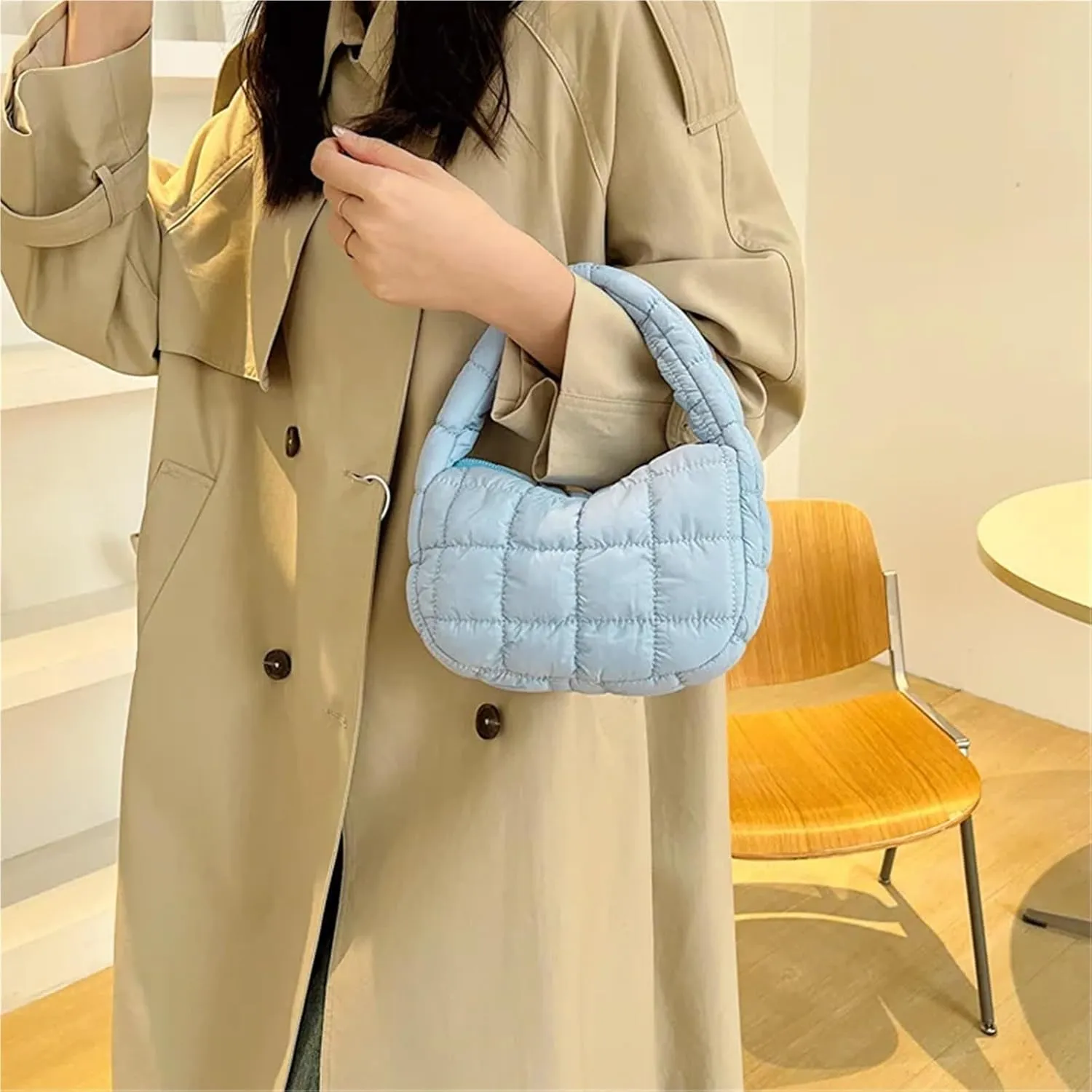 Puffer Tote Bag Fashion Quilted Shoulder Bags For Women Handbag Mini Cloud Pleated Bags Puffer Dumpling Bag(Light Blue)