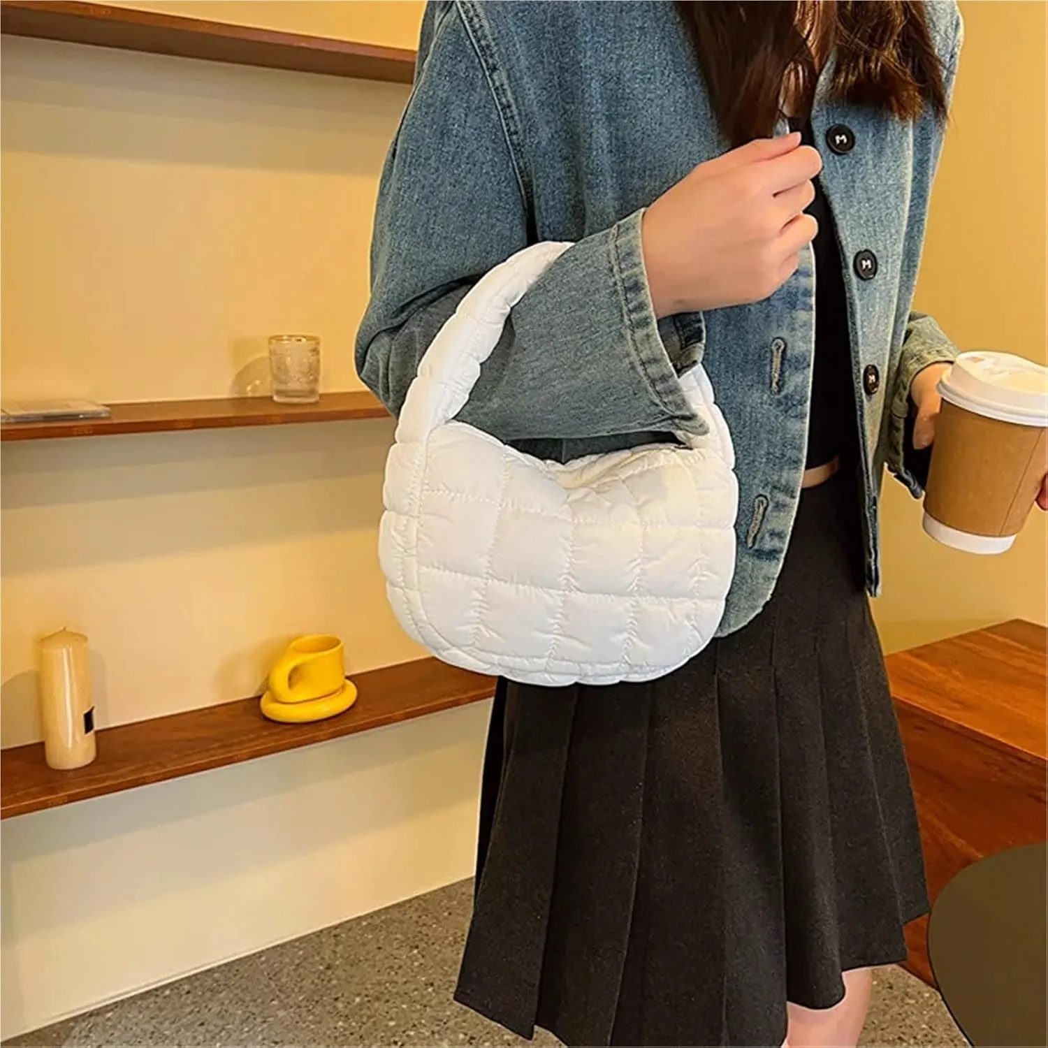 Puffer Tote Bag Fashion Quilted Shoulder Bags For Women Handbag Mini Cloud Pleated Bags Puffer Dumpling Bag(Light Blue)