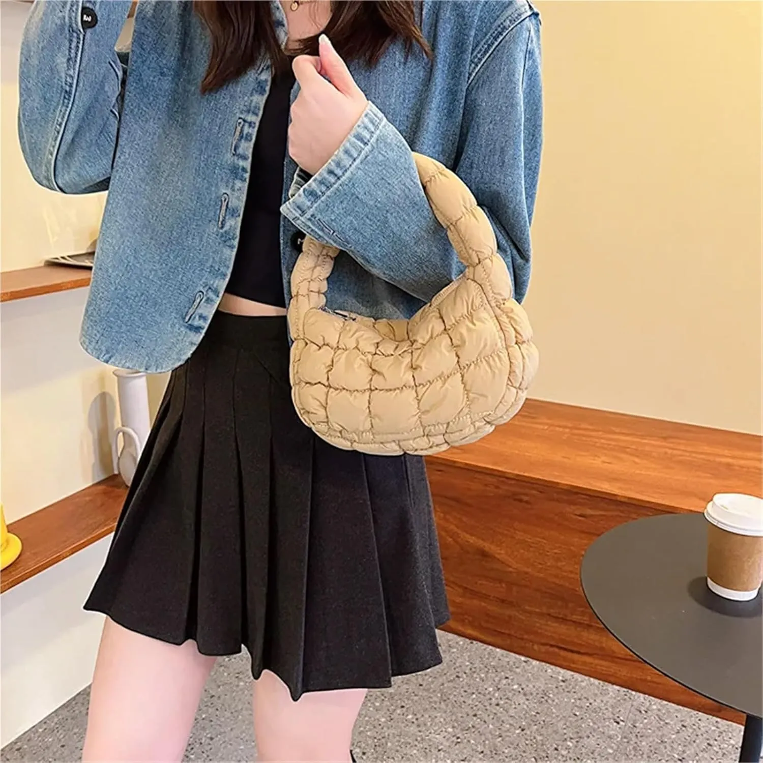 Puffer Tote Bag Fashion Quilted Shoulder Bags For Women Handbag Mini Cloud Pleated Bags Puffer Dumpling Bag(Light Blue)