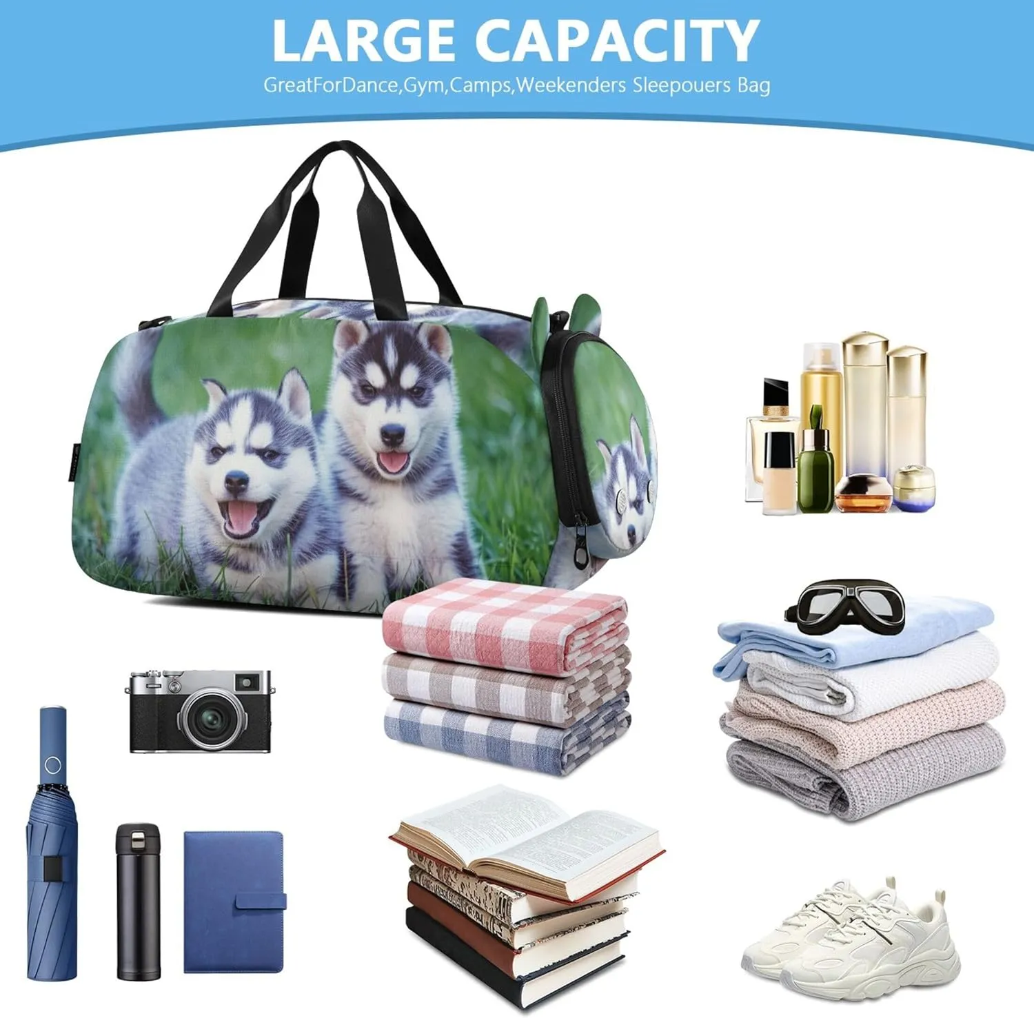 Siberian Husky Puppies Grass Girls Duffle Bags for Travel Toddler Weekender Bags Shoe Compartment Carry on Duffel Bag Boys