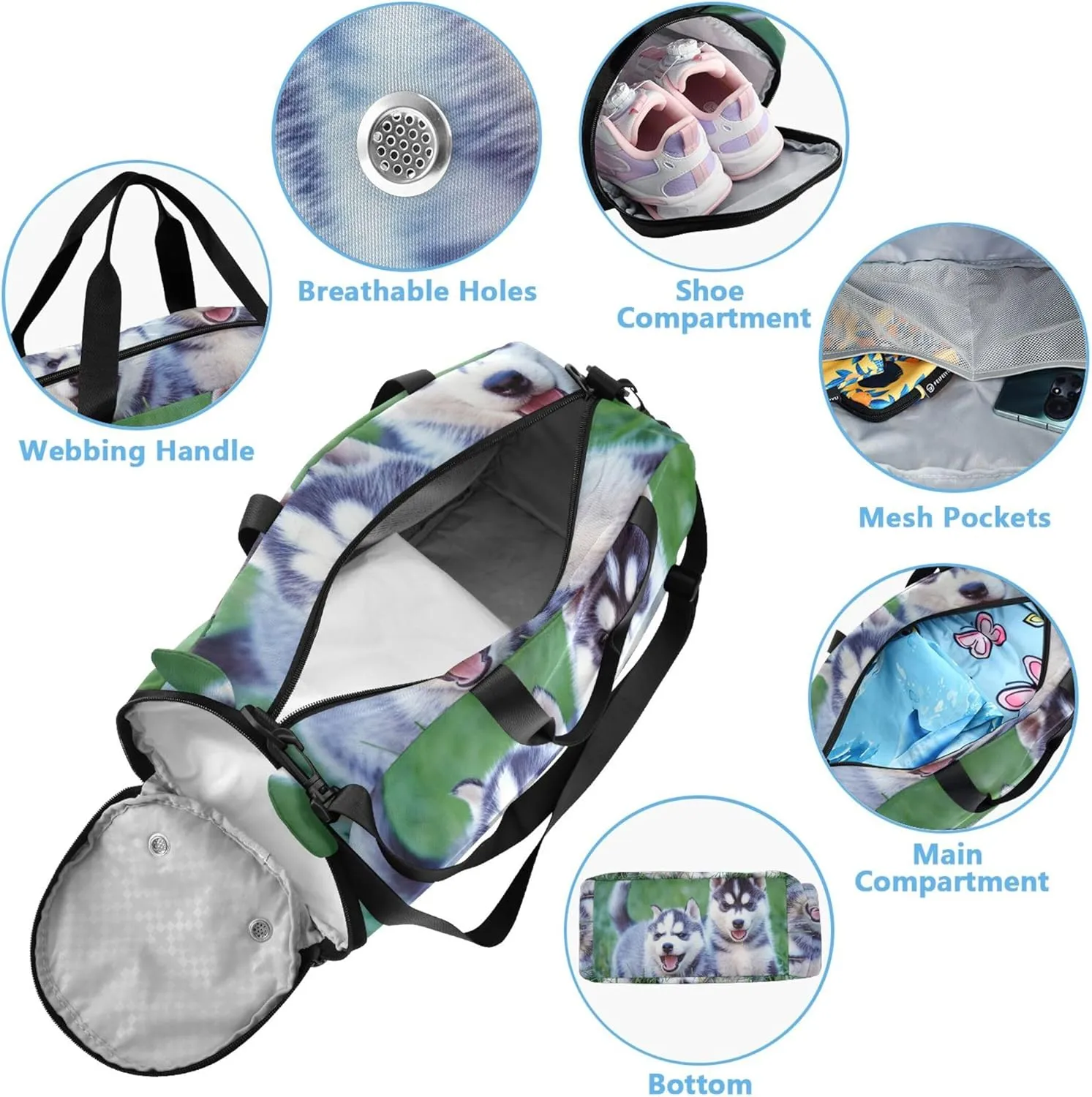 Siberian Husky Puppies Grass Girls Duffle Bags for Travel Toddler Weekender Bags Shoe Compartment Carry on Duffel Bag Boys
