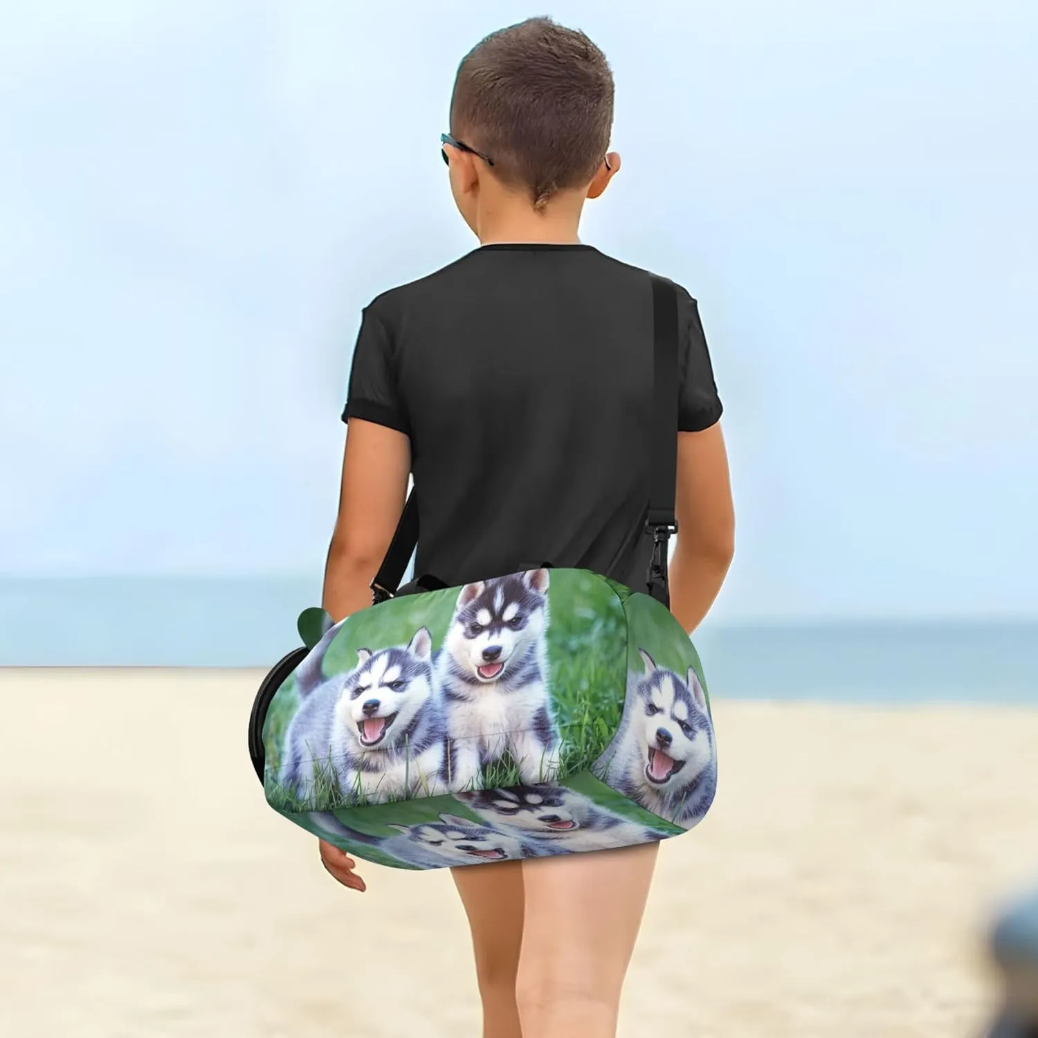 Siberian Husky Puppies Grass Girls Duffle Bags for Travel Toddler Weekender Bags Shoe Compartment Carry on Duffel Bag Boys