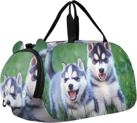 Siberian Husky Puppies Grass Girls Duffle Bags for Travel Toddler Weekender Bags Shoe Compartment Carry on Duffel Bag Boys