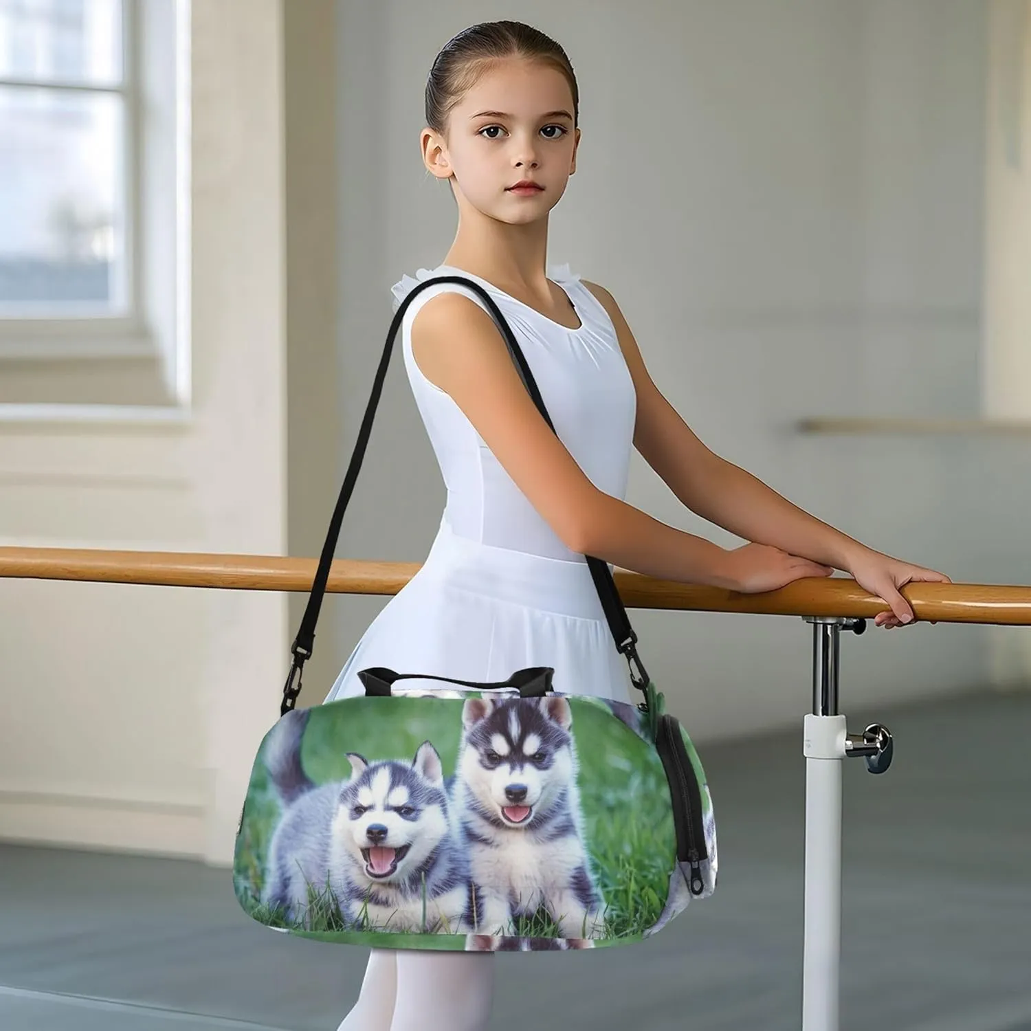 Siberian Husky Puppies Grass Girls Duffle Bags for Travel Toddler Weekender Bags Shoe Compartment Carry on Duffel Bag Boys