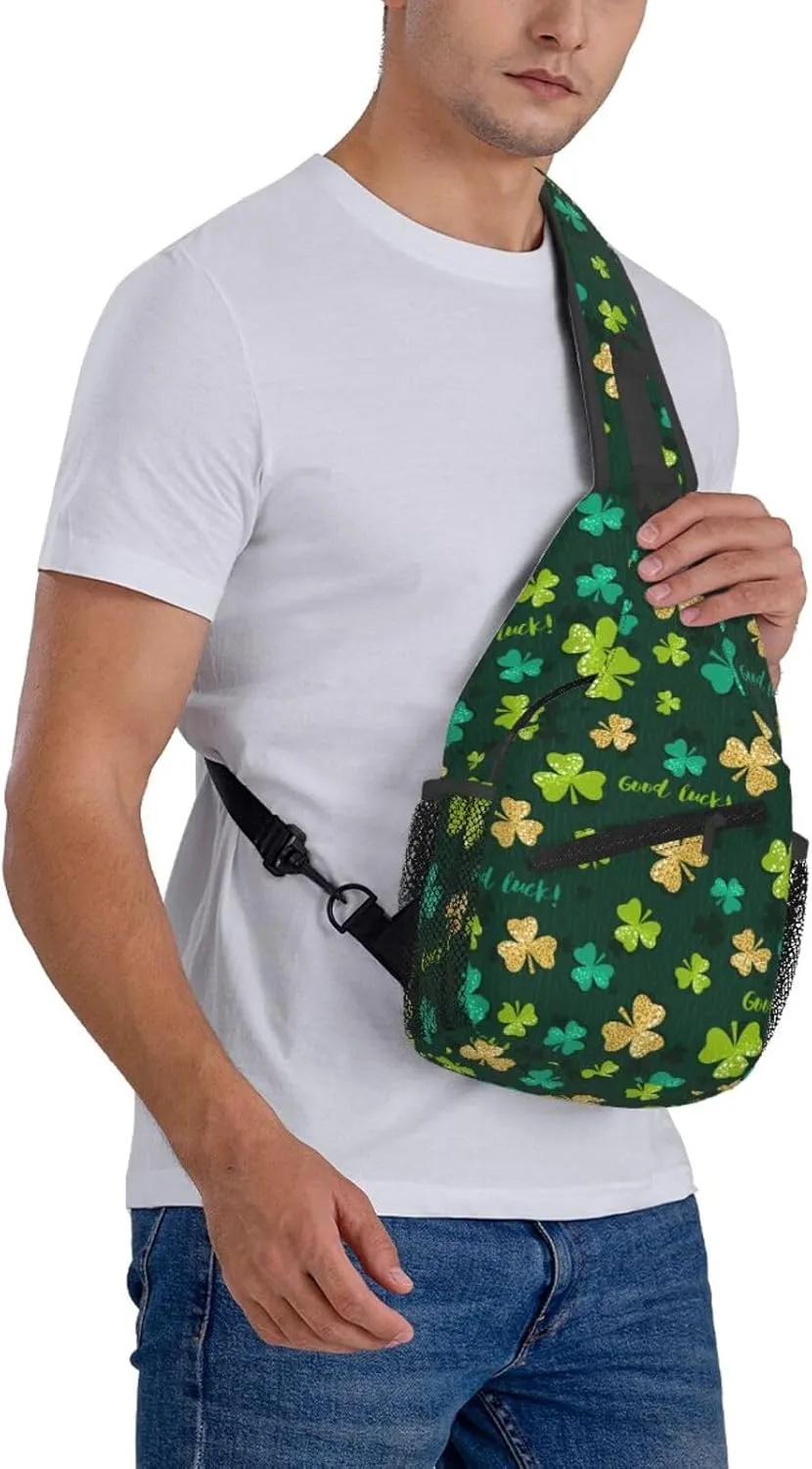St Patricks Day Shamrock Crossbody Sling Backpack For Women Men, Fashion Adjustable Lucky Clover Chest Bag Green Shoulder Bag Sling Bag For Sport Travel Hiking Daypack