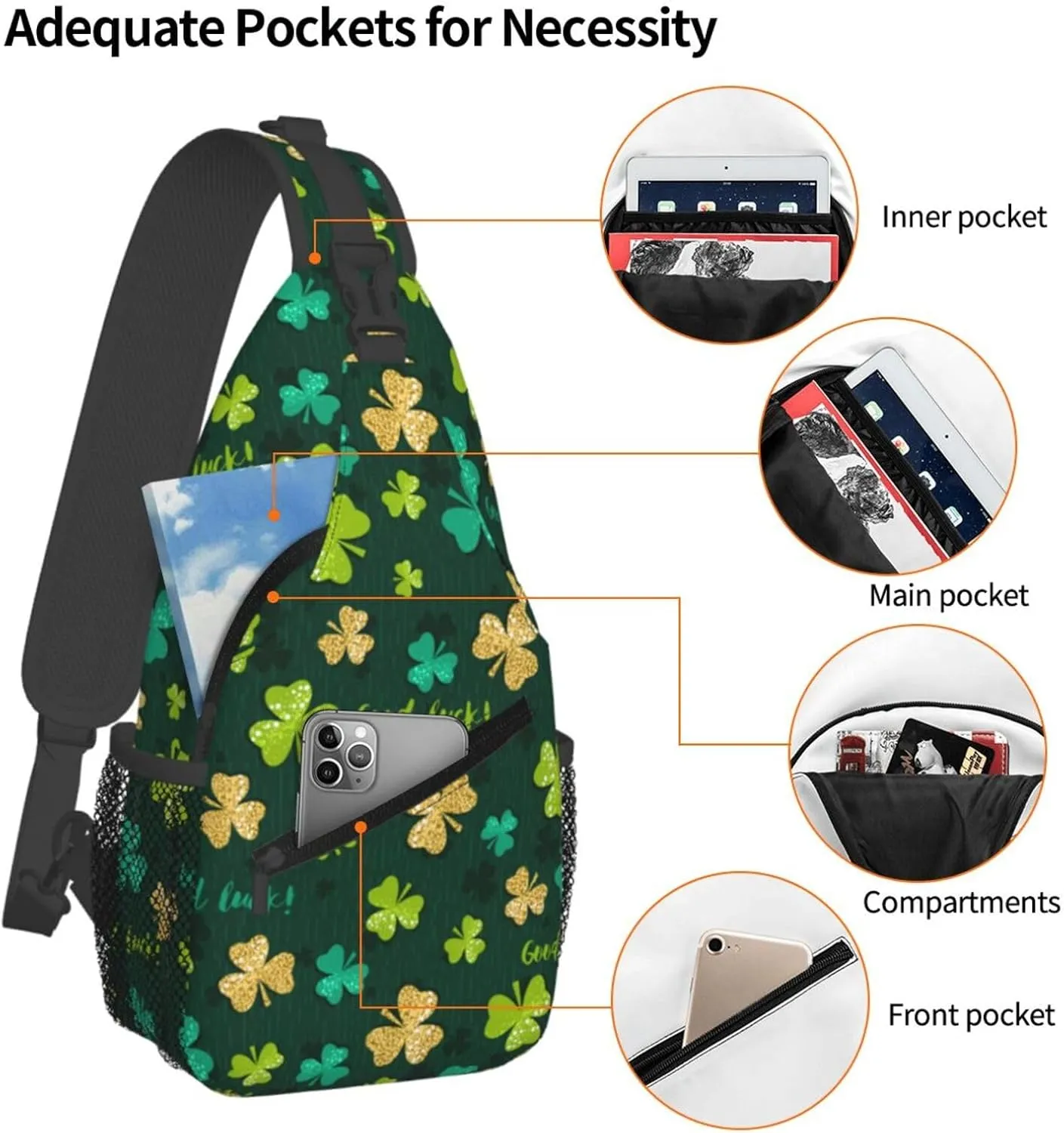 St Patricks Day Shamrock Crossbody Sling Backpack For Women Men, Fashion Adjustable Lucky Clover Chest Bag Green Shoulder Bag Sling Bag For Sport Travel Hiking Daypack